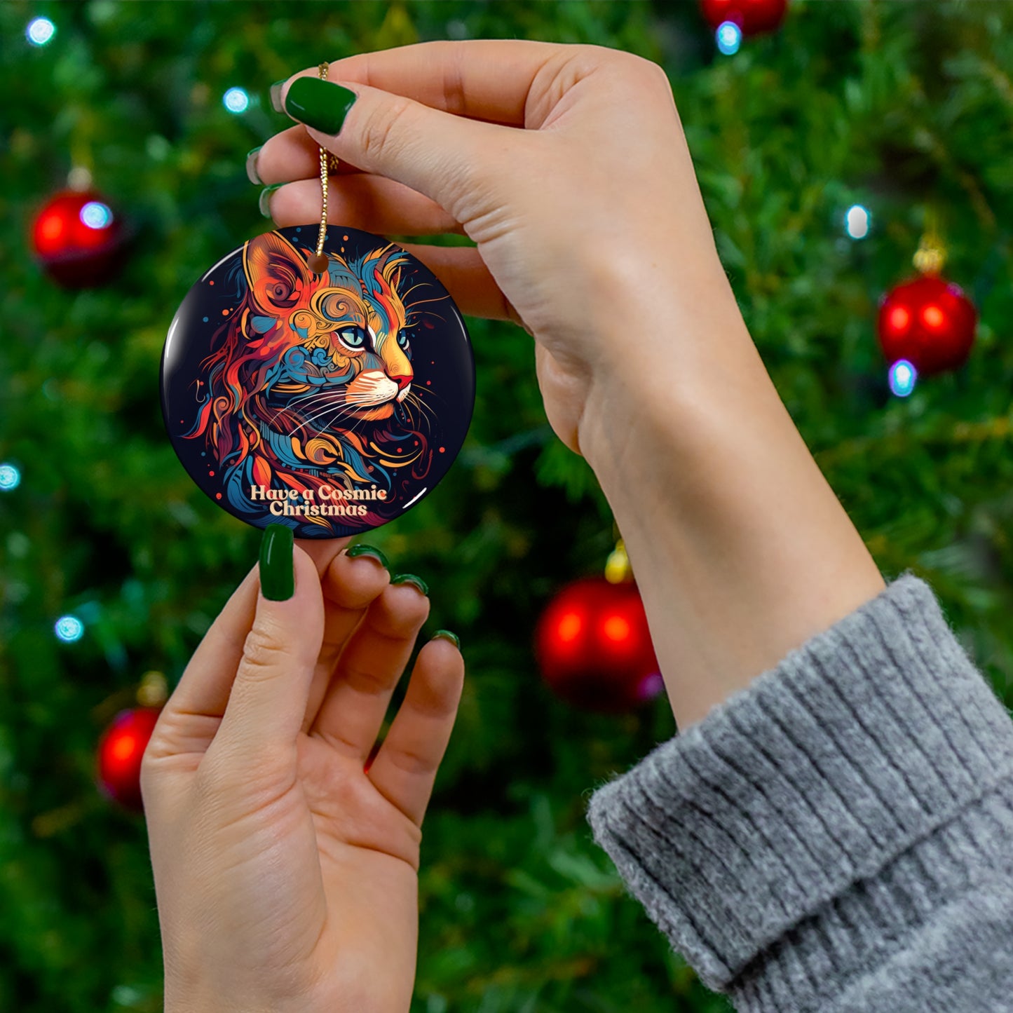 Have a Cosmic Christmas Cat- Cat Lovers, Cat Owners, Cats Human Gift, Christmas Ornament, Ceramic Cat Design: Have a Cosmic Christmas