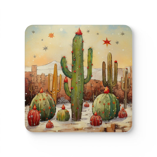 Arizona Cactus, Snowy Winter Holiday in Arizona, Desert Climate, Corkwood Coaster Set, Desert Decor, Christmas Decor