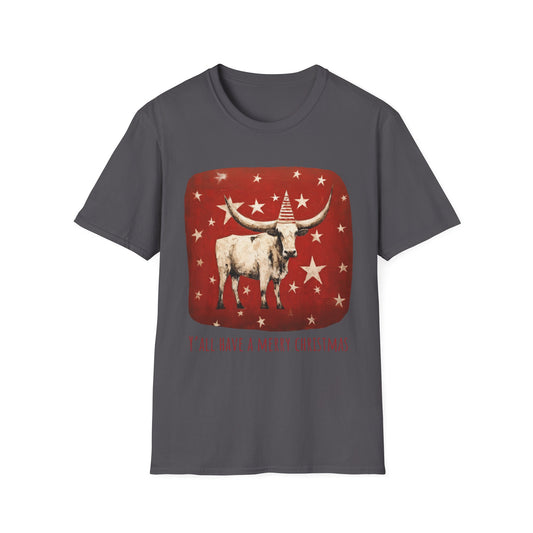 "Y'all Have a Merry Christmas" Southern Christmas Greeting, Longhorn Cattle Rodeo  Shirt, Longhorn Cattle Texas Oklahoma Gift  Unisex Tee Shirt, T-Shirt Graphic Tee T-Shirt