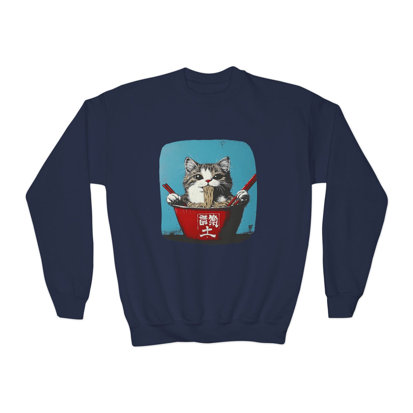 Ramen Bowl Cats for Kids Sweatshirt - Hungry Noodle Kitty  Cat Youth Crewneck Sweatshirt -Christmas Cat Gift