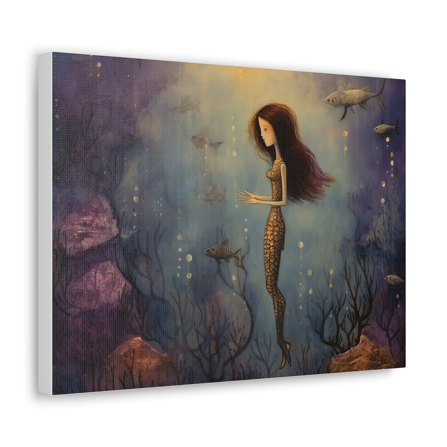 Purple Mermaid Underwater Scene, Mermaid Gift, Kids, Fantasy Mystical Fish Wall Art, Canvas, Flower Gift, Wall Art Painting Pastel