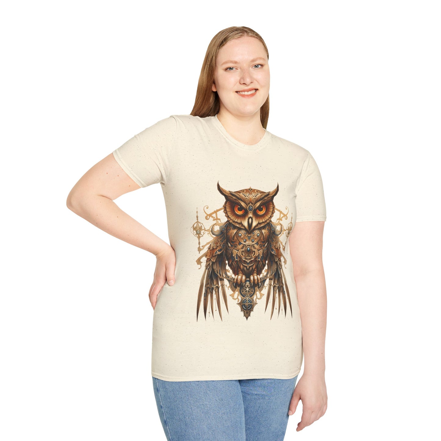 Steampunk Art Deco Style Owl II, Golden Owl Shirt, 1920's Owl  Gift  Unisex Tee Shirt, T-Shirt Softstyle T-Shirt Tee Teeshirt