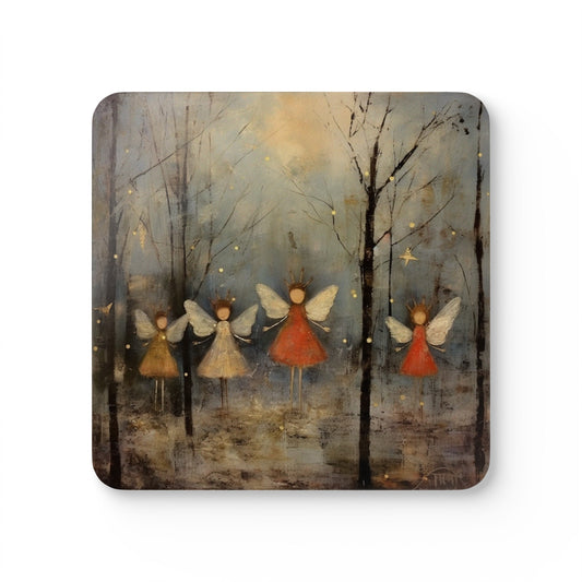 Faeries & Angels, Winter Folk Art Gift, Corkwood Coaster Set - Home Decor Gift