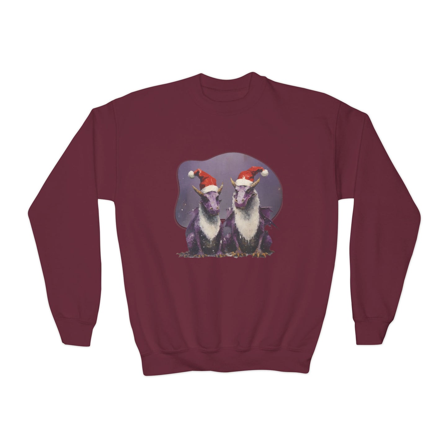 Christmas Holiday Dragons, Kids, Youth Boys Girls Crewneck Sweatshirt, Purple Dragons with Santa Hat, Long Sleeve Winter Shirt