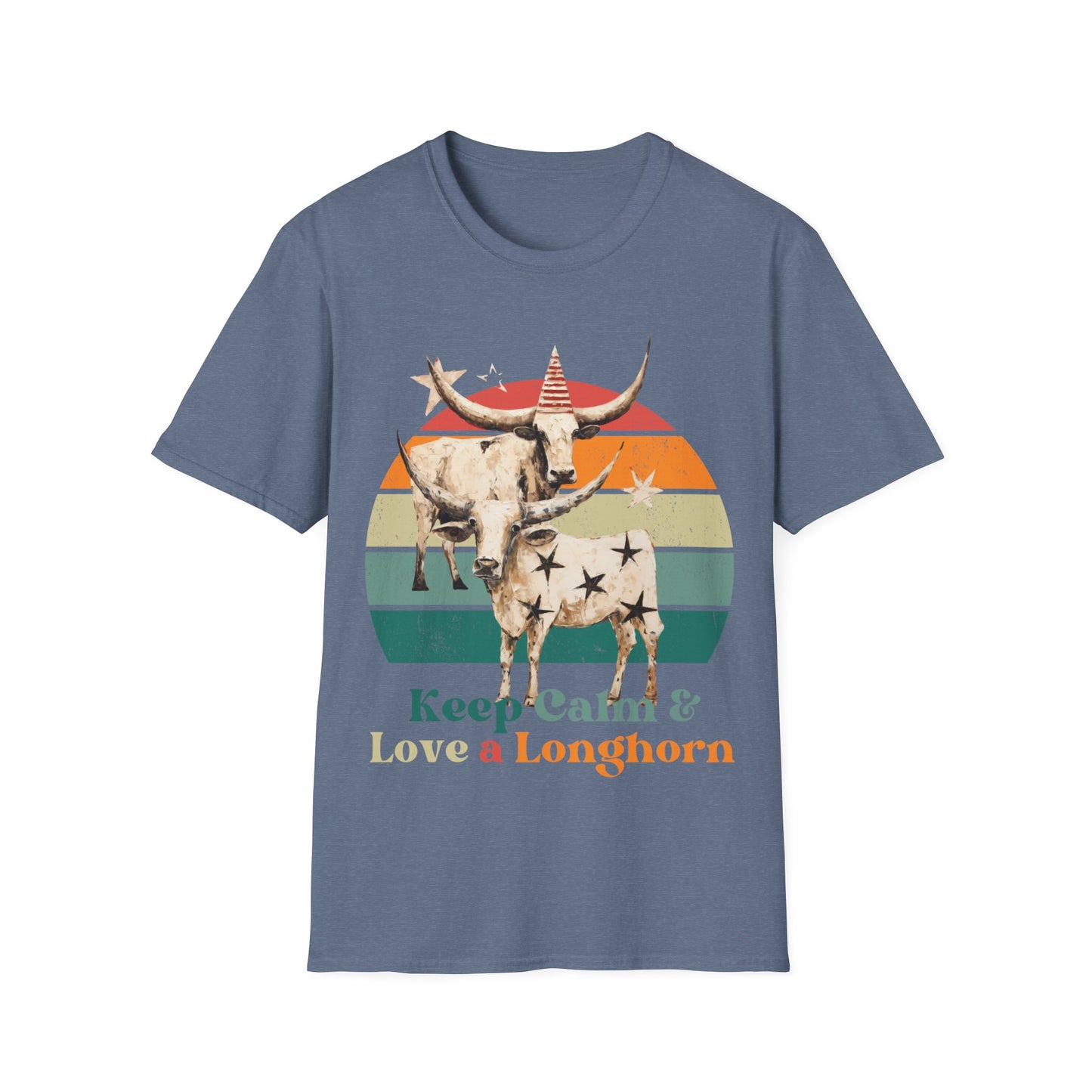 Retro Longhorn Texas Style "Keel Calm & Love a Longhorn" Cattle, Rodeo, Texas Star, Graphic T-Shirt,  Texas Softstyle Unisex Tee Shirt  - 60s 70s Vibe- Keep Calm Shirt