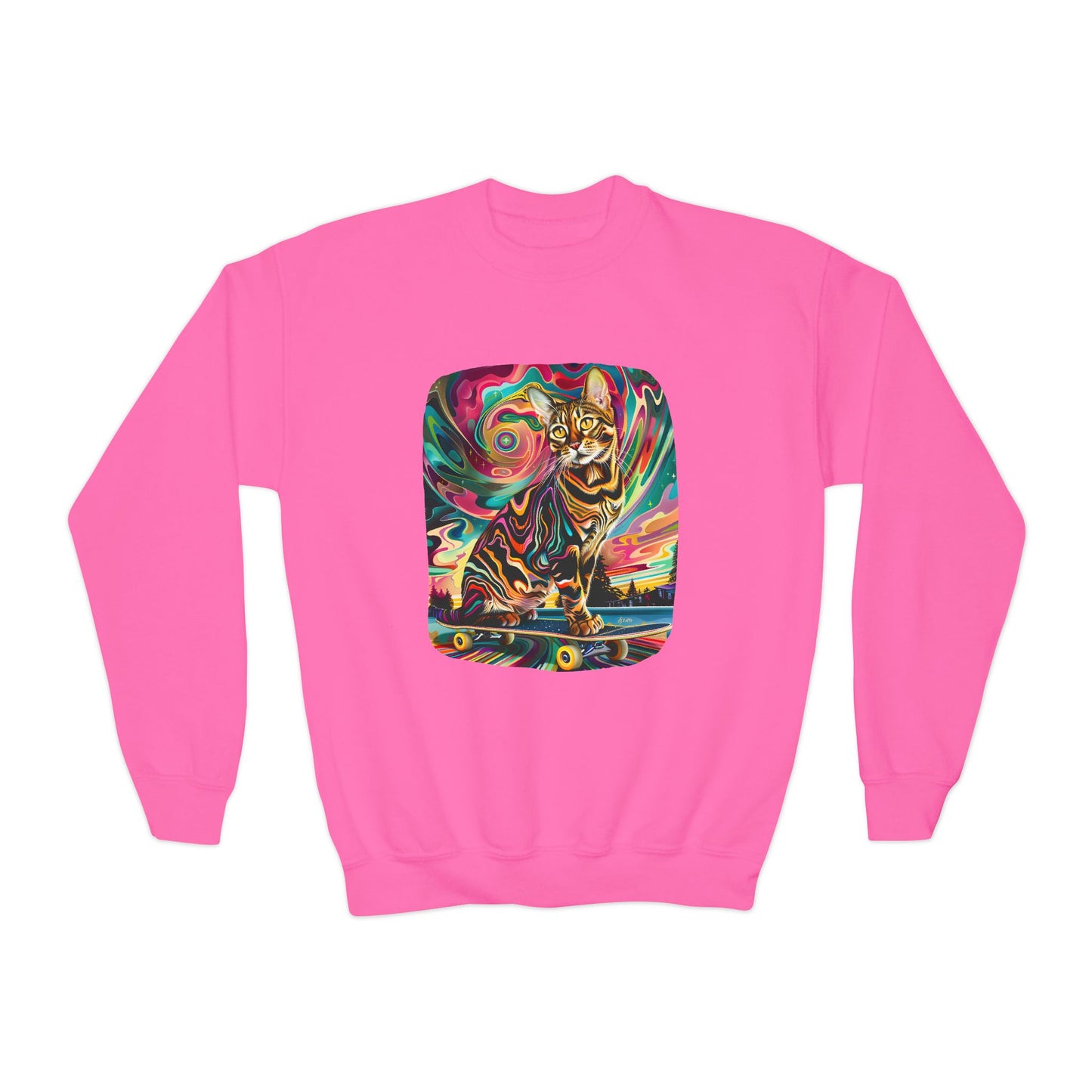 Skatboard Cats for Kids Sweatshirt - Psychedelic Skateboard Cat Youth Crewneck Sweatshirt -Christmas Cat Gift