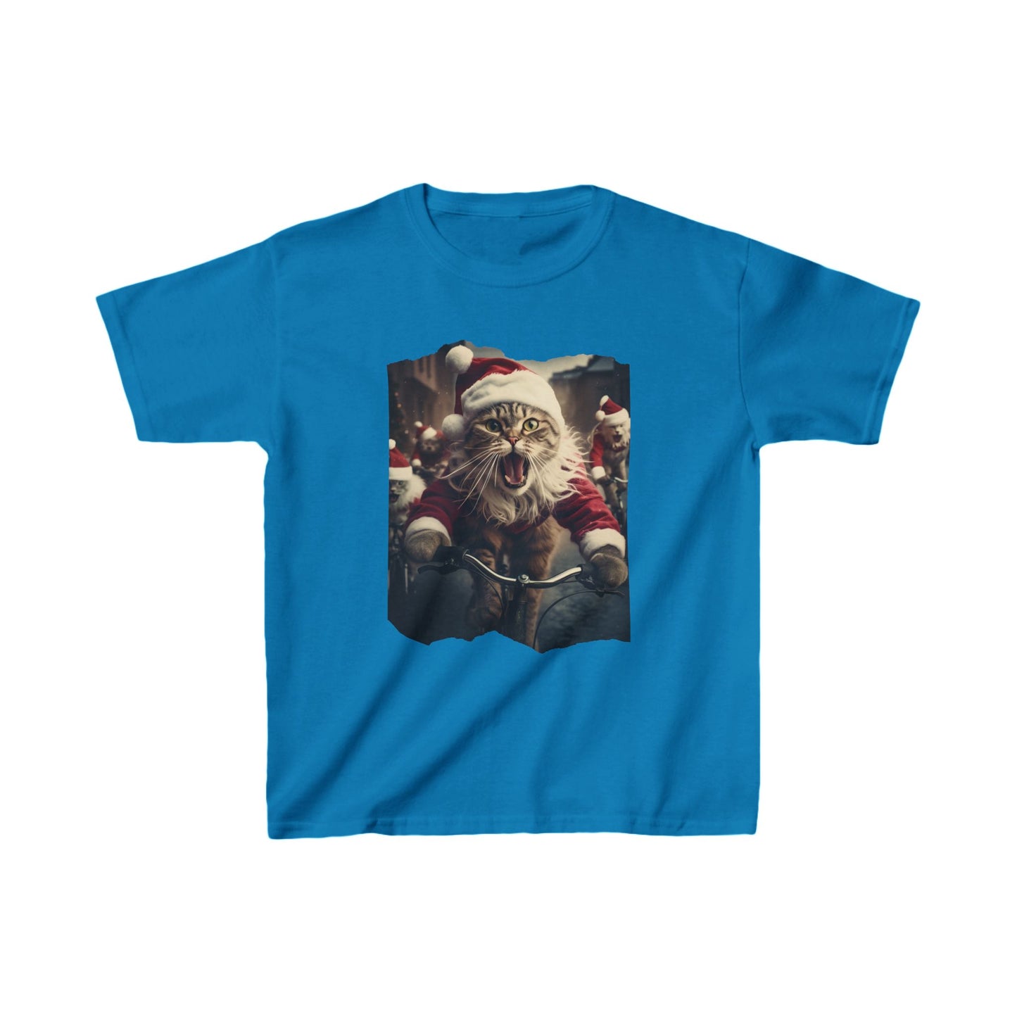 Screaming Cats on Bikes, Kids Cat Graphic Tee - Vibrant Santa Cat Design for Young Adventurers