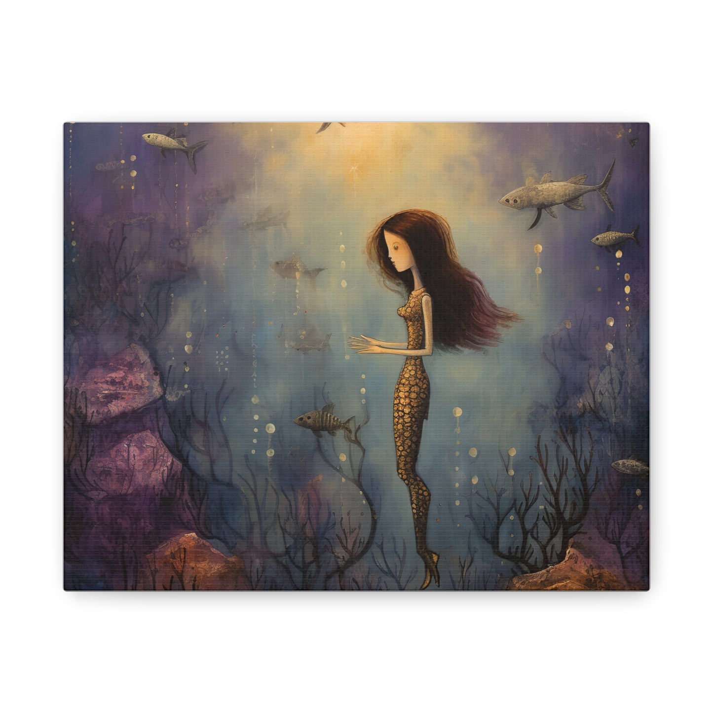 Purple Mermaid Underwater Scene, Mermaid Gift, Kids, Fantasy Mystical Fish Wall Art, Canvas, Flower Gift, Wall Art Painting Pastel