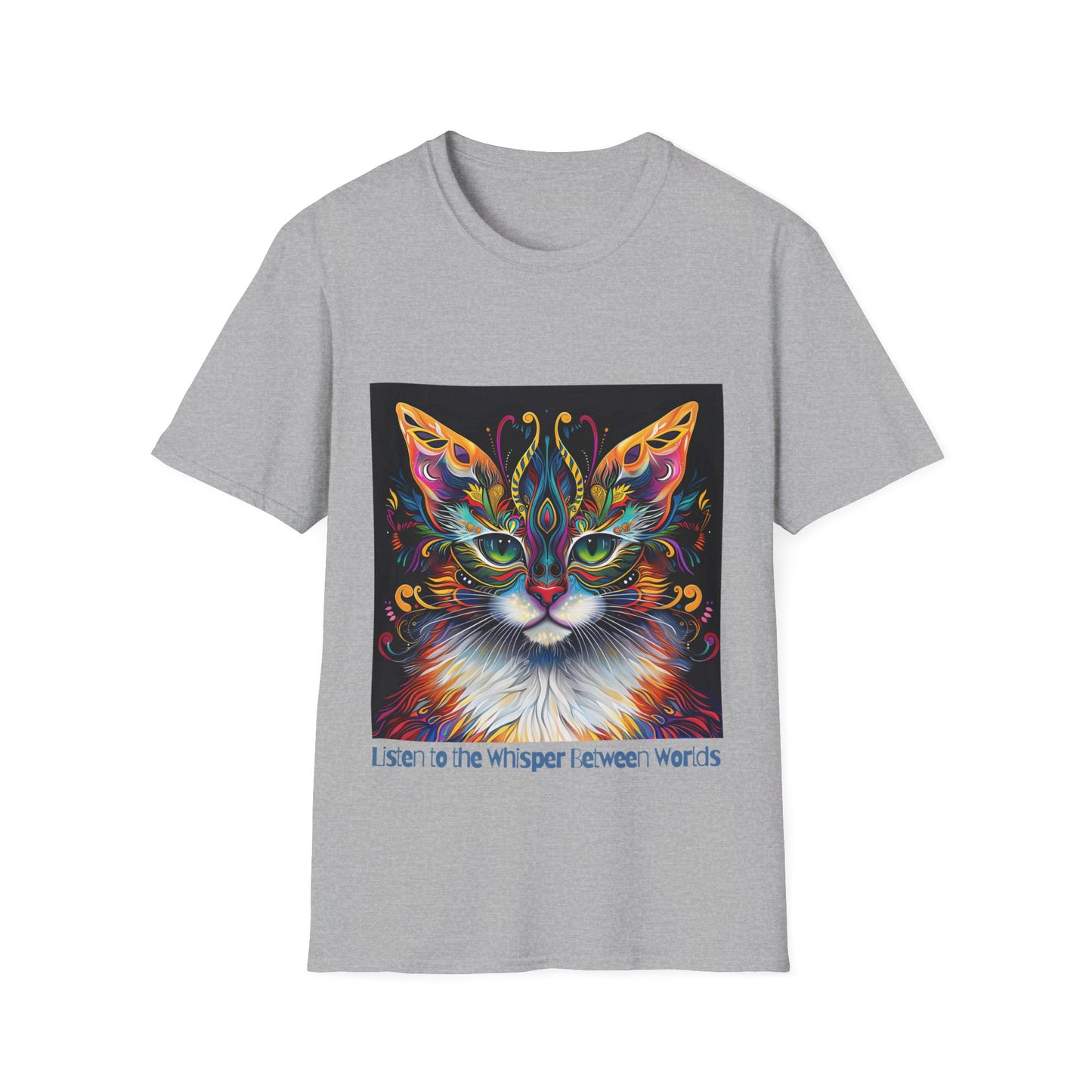 Listen to the Whisper Between Worlds- Shaman Graphic Cat Tee, Cat Lover's Graphic Tee Graphic Unisex T- Shirt, T-Shirt Cat Lovers Gift  Softstyle T-Shirt Tee Teeshirt Stylized Cat