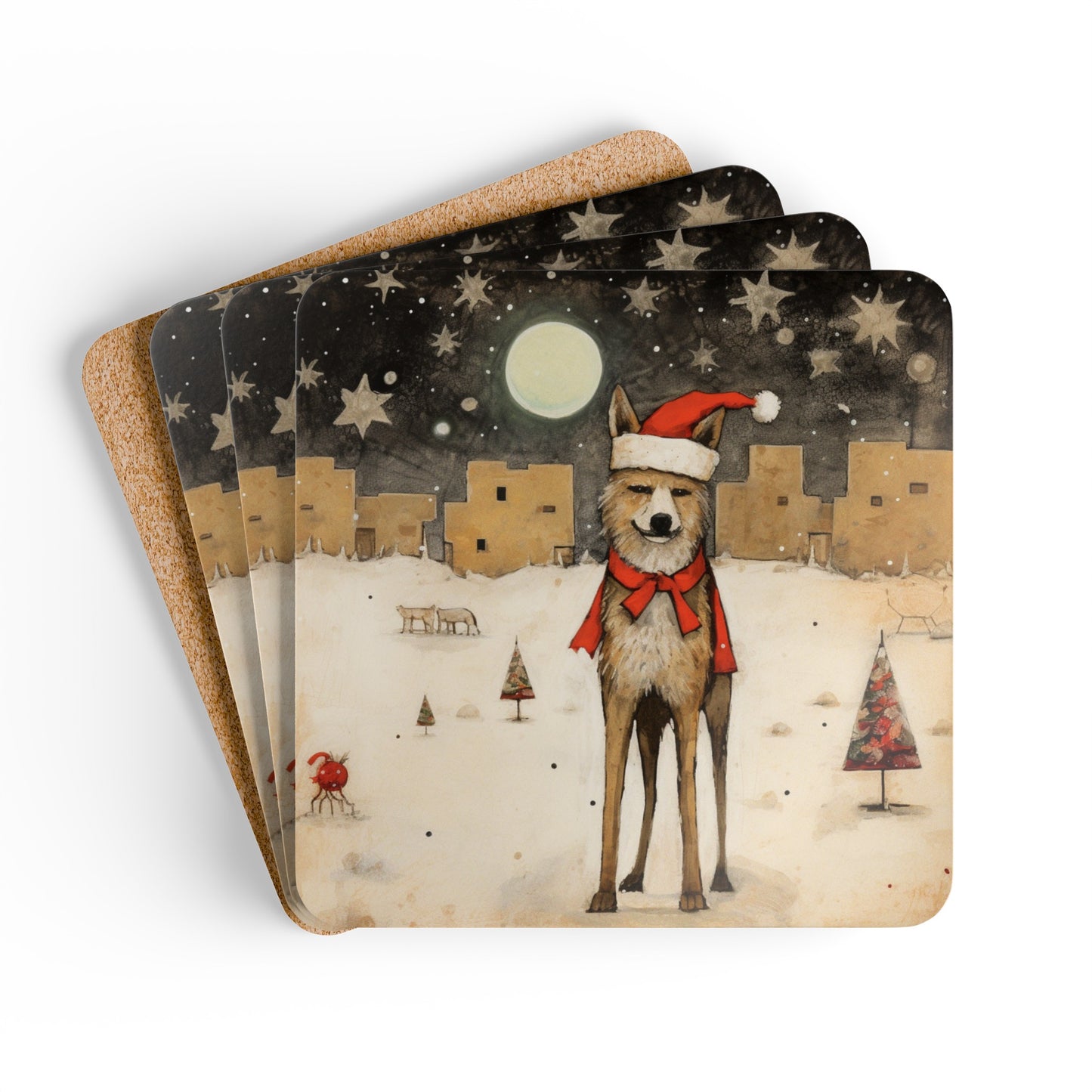 Christmas Hat Coyote, Santa Fe Christmas Adobe Houses, Snowy Christmas in New Mexico, Arizona, Home Decor, Holiday, Corkwood Coaster Set