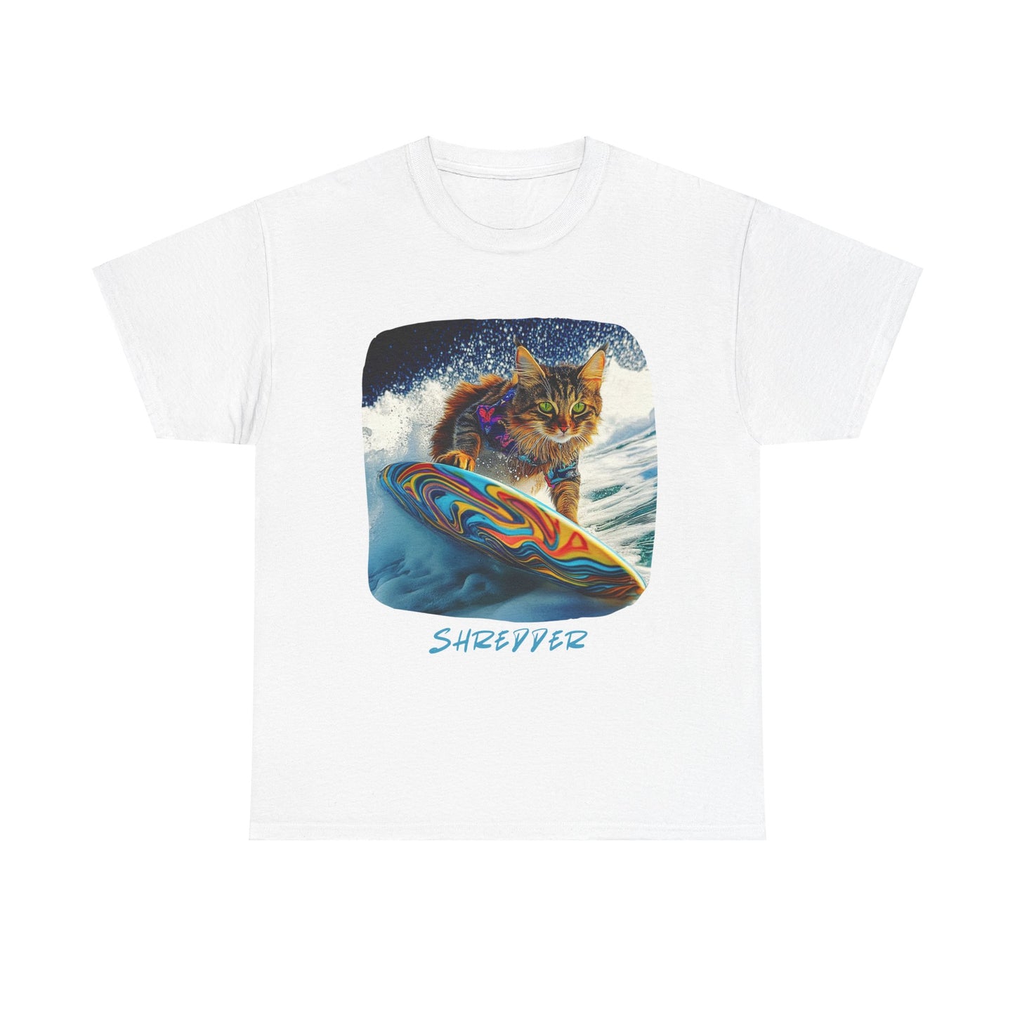 Shredder Surfer Cat, "Shredder" T-shirt, Cat on Surfboard Graphic Tee- Water Sports Cat (V1)  Cat Art Gift   -  Cool Cats Unisex Heavy Cotton Tee T-Shirt