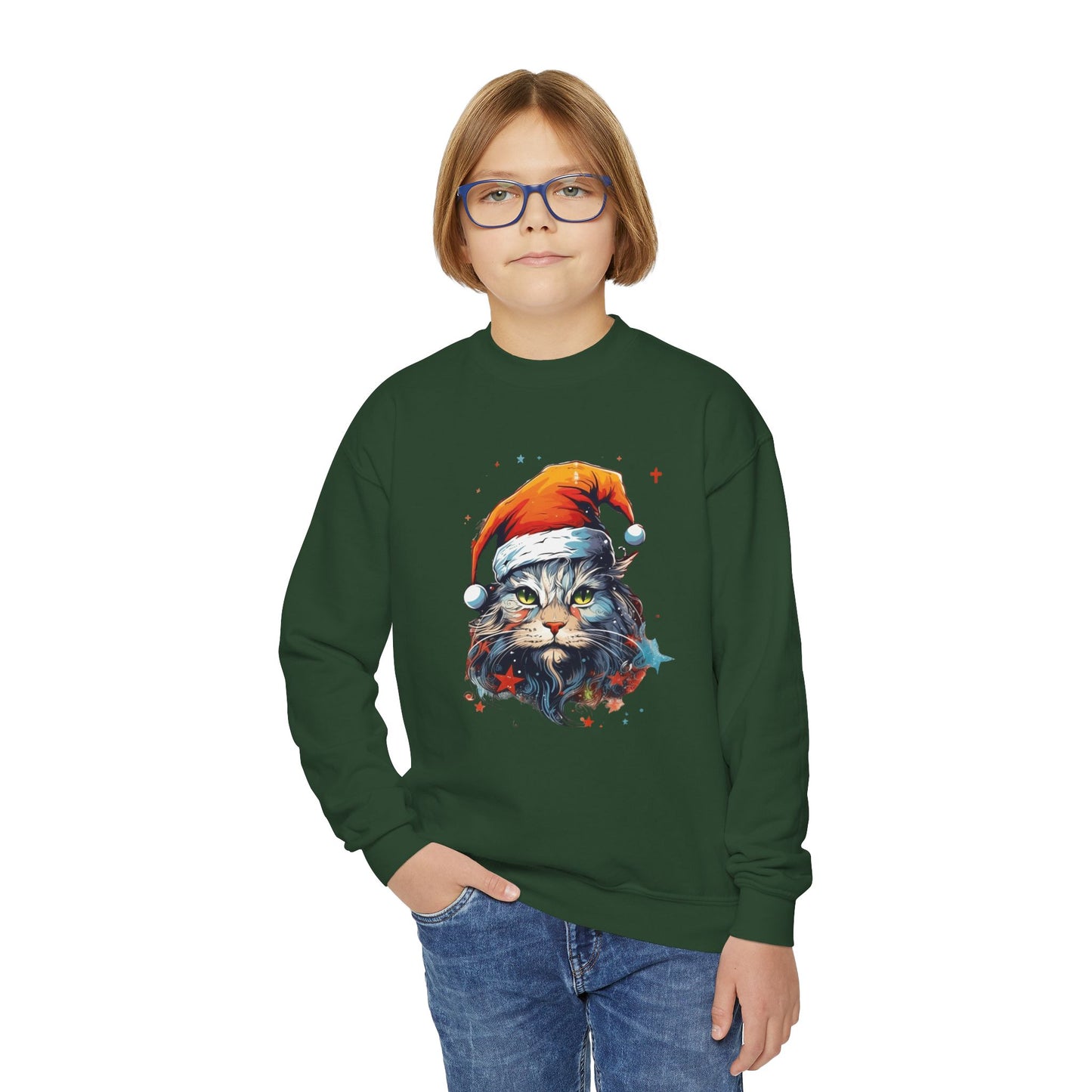 Scrappy White Cat in Santa Hat, Kids Sweatshirt - Adorable Kids Youth Crewneck Sweatshirt -Christmas Cat Lover Gift Shirt