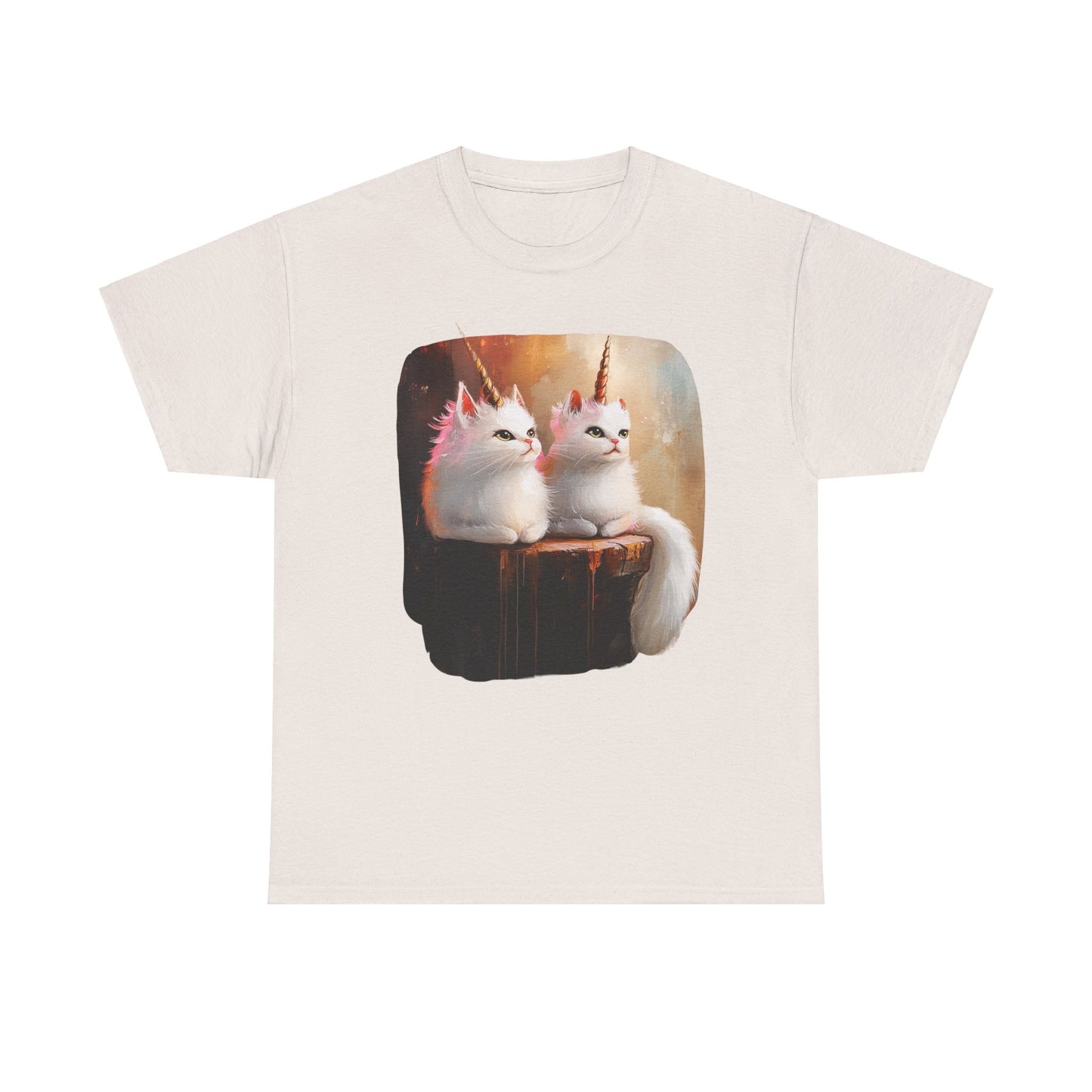 Fluffy White Kawaii Unicorn Cat Graphic Tee -  Cat Unicorn Mythical Creature Gift Unisex Adult Size Heavy Cotton Tee T-Shirt