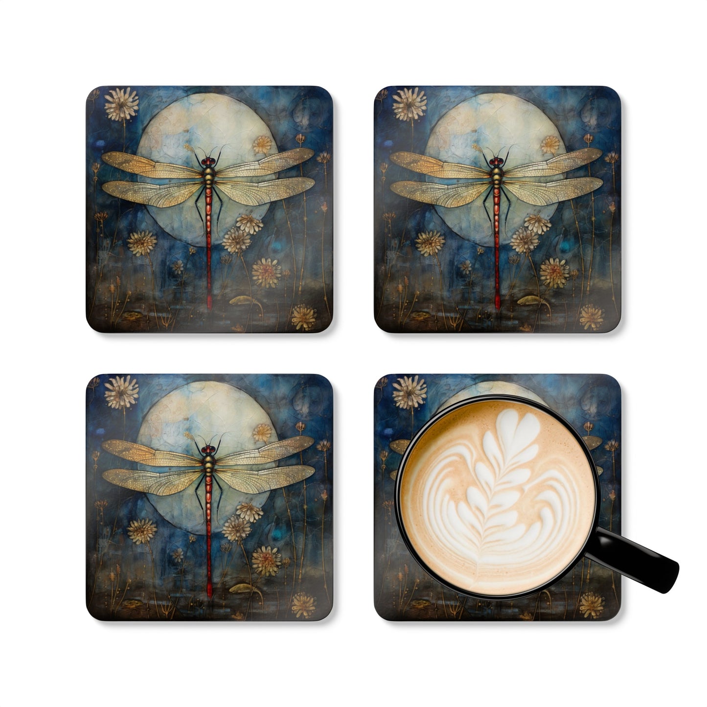 Dragonfly Folk Art Gift, Corkwood Coaster Set Home Decor Gift for Dragonfly Lovers