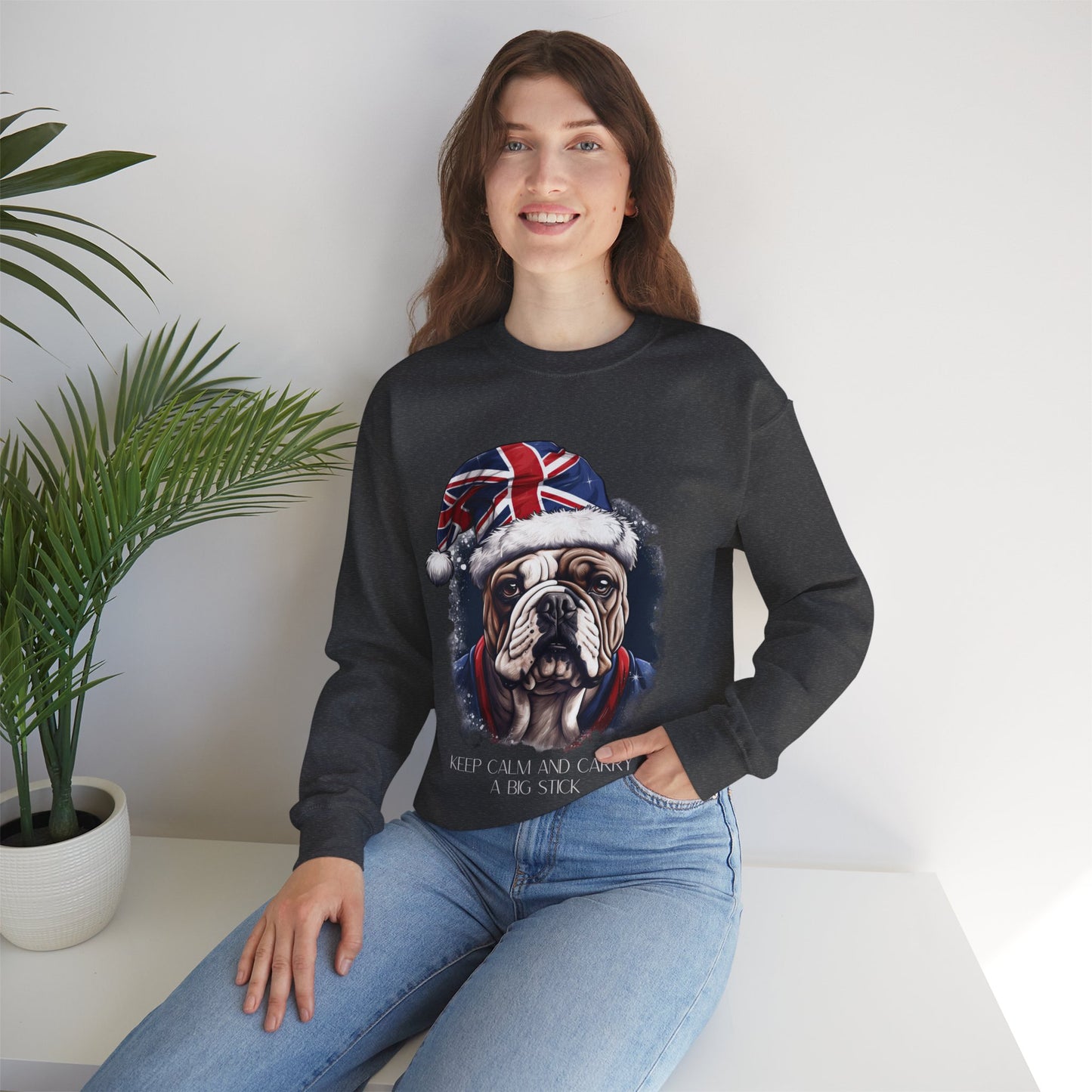 British English Bulldog - Keep Calm and Carry a Big Stick Union Jack Unisex Long Sleeve Jersey Cotton Shirt Mens Women Sweatshirt Sweat Shirt