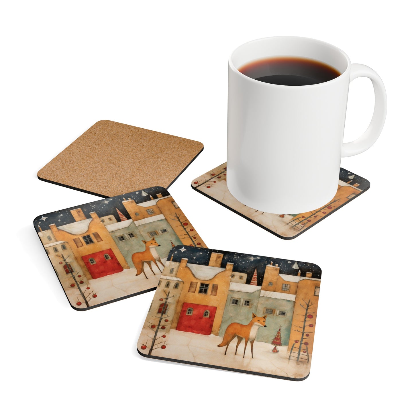 New Mexico, Adobe, Santa Fe, Coyote Winter Folk Art Gift, Corkwood Coaster Set High Desert Coyote in Adobe Houses, Christmas