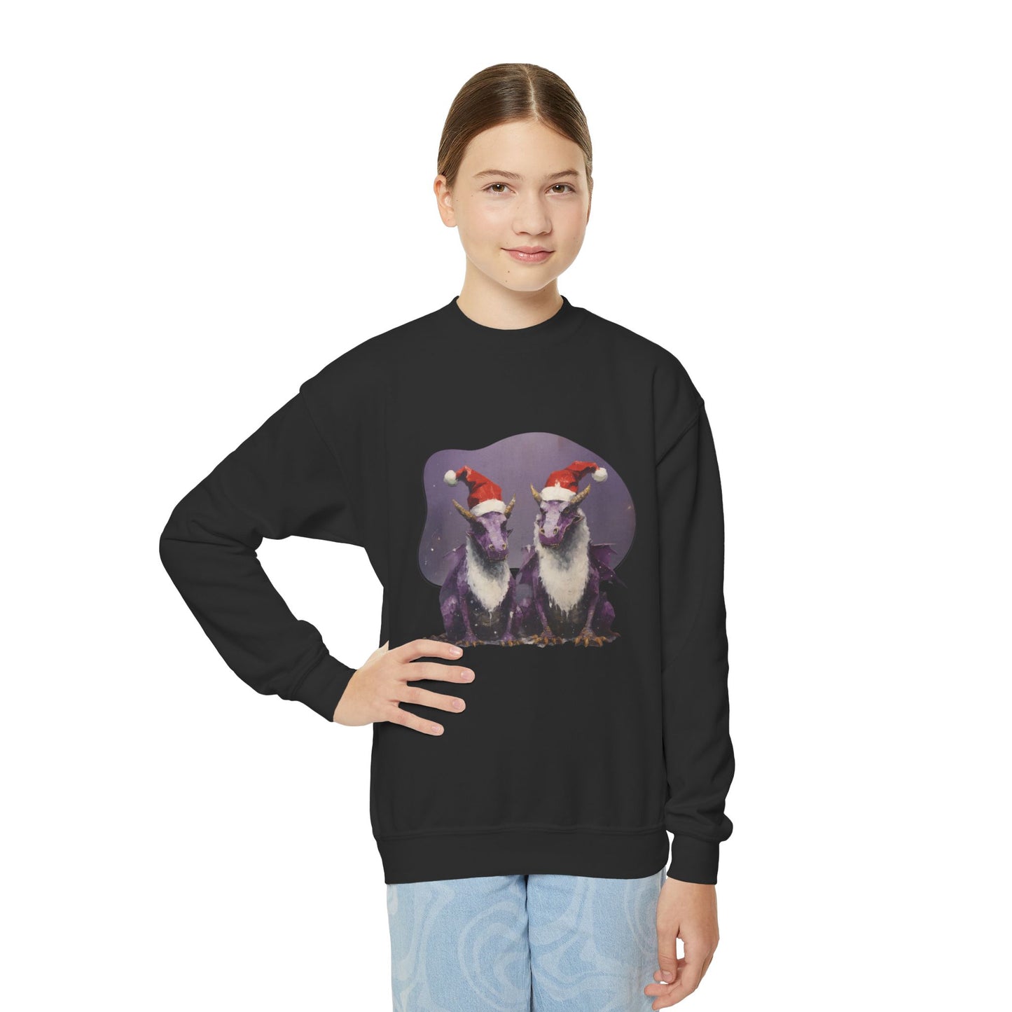 Christmas Holiday Dragons, Kids, Youth Boys Girls Crewneck Sweatshirt, Purple Dragons with Santa Hat, Long Sleeve Winter Shirt