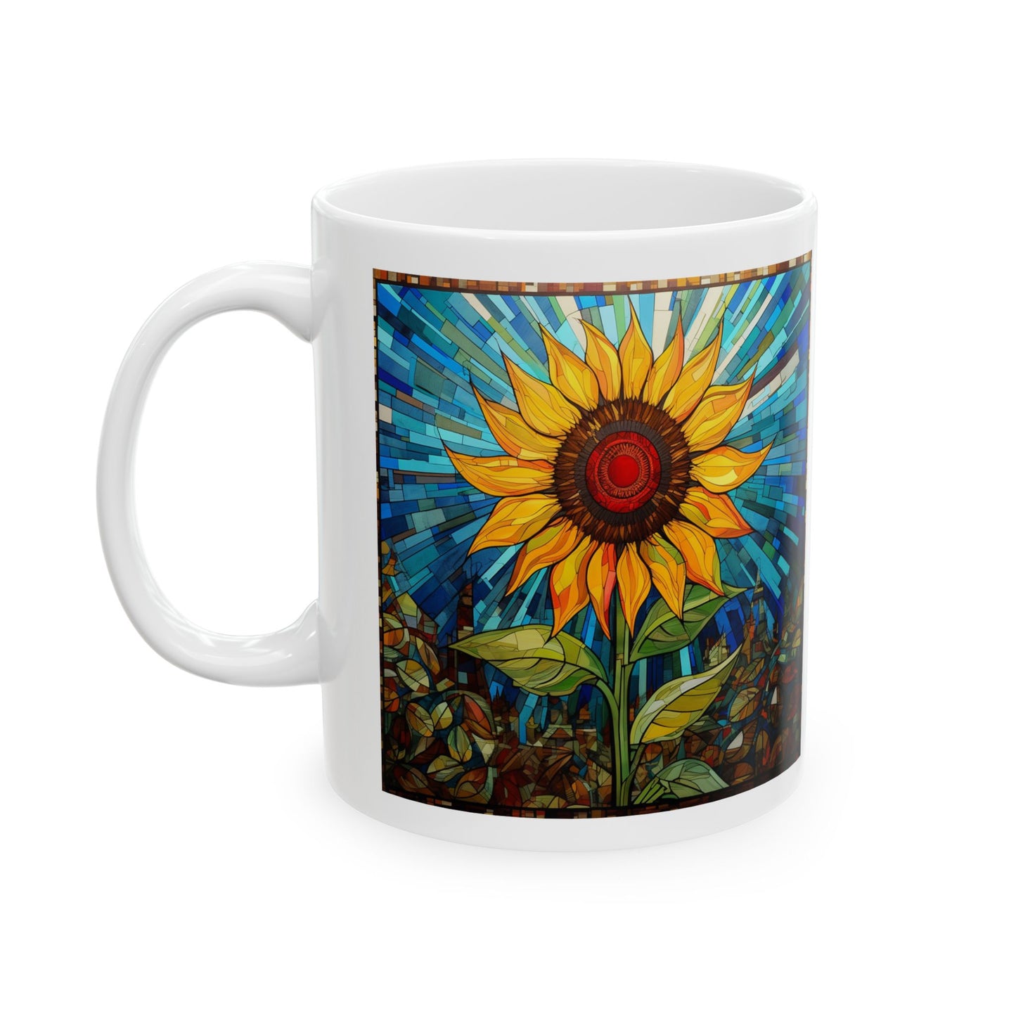 Sunflower Gift  Mug, Printed Art, Sunflower - Faux Stained Glass Style, Ceramic Mug 11oz Colorful, Bright and Cheery