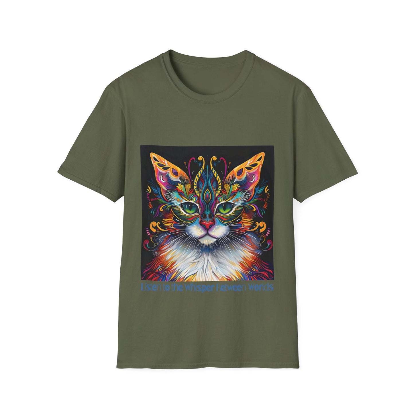 Listen to the Whisper Between Worlds- Shaman Graphic Cat Tee, Cat Lover's Graphic Tee Graphic Unisex T- Shirt, T-Shirt Cat Lovers Gift  Softstyle T-Shirt Tee Teeshirt Stylized Cat