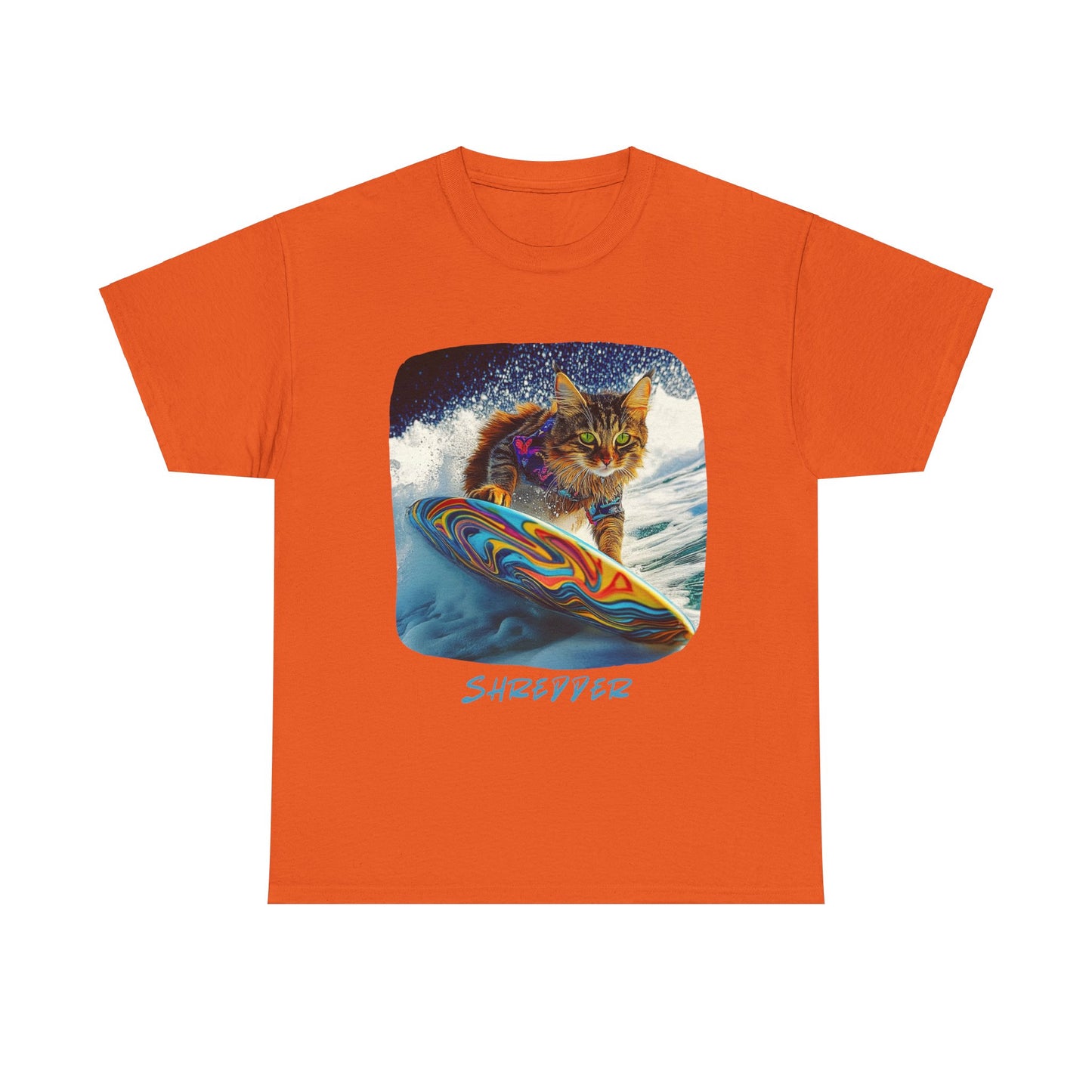 Shredder Surfer Cat, "Shredder" T-shirt, Cat on Surfboard Graphic Tee- Water Sports Cat (V1)  Cat Art Gift   -  Cool Cats Unisex Heavy Cotton Tee T-Shirt