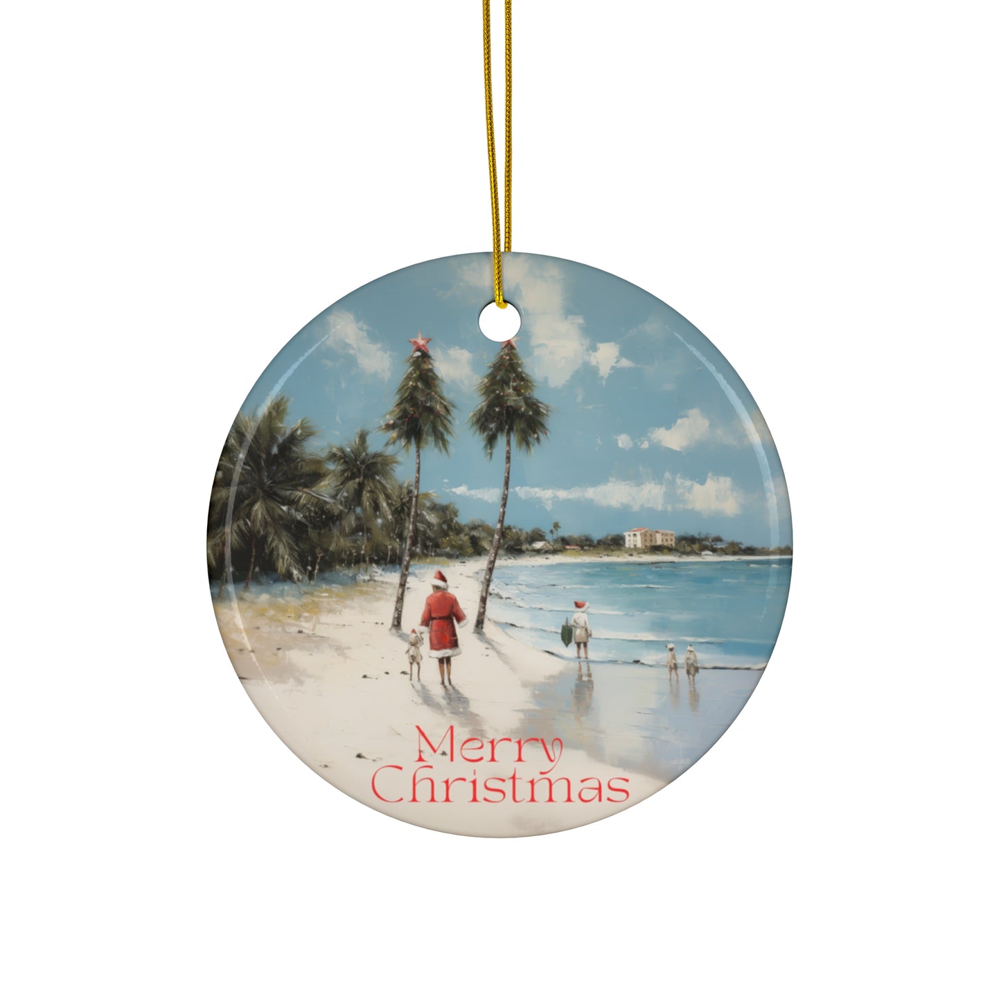 Florida Carolinas Cali Tropical Beach Seaside Santa Christmas Greetings -  Christmas Tree Keepsake Ornament Ceramic -  Palm Trees Christmas