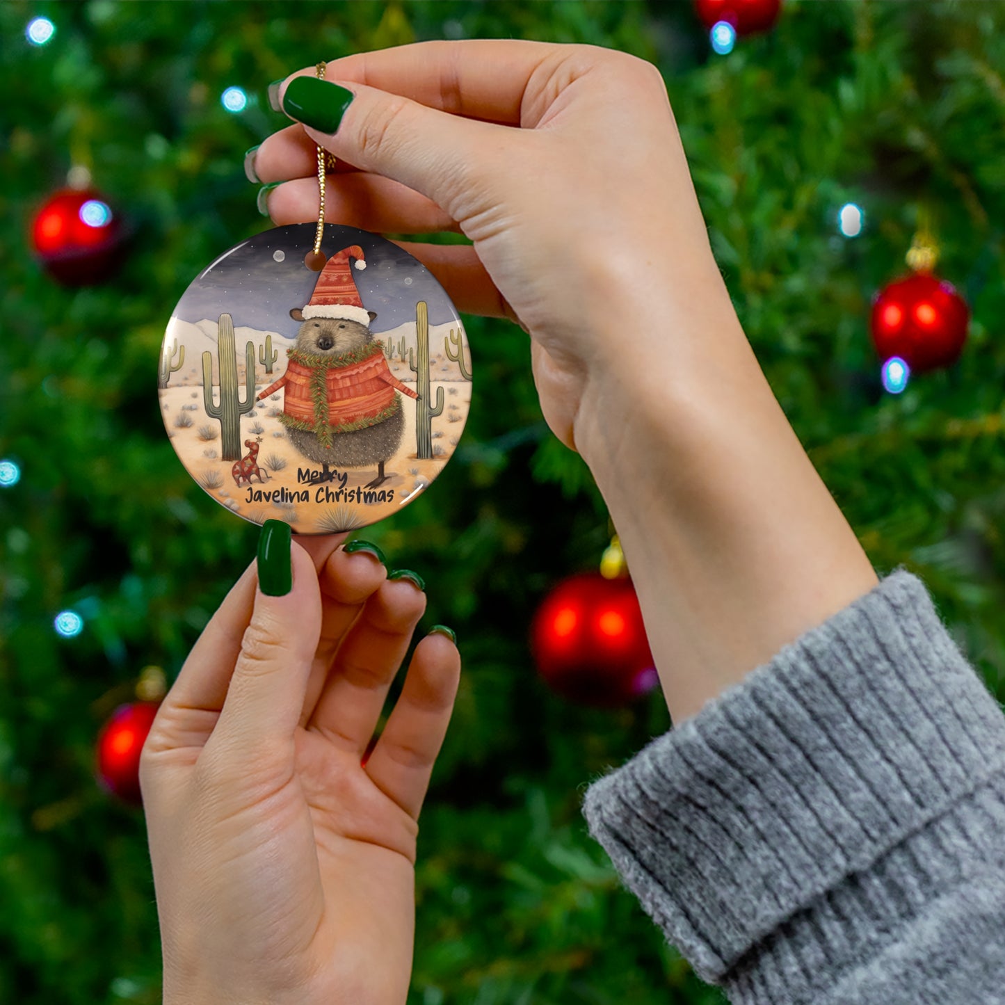 Merry Javelina Christmas - Desert Art Ornament, Sedona, Arizona, Christmas Gift, Christmas Cactus Gift Ceramic Ornament