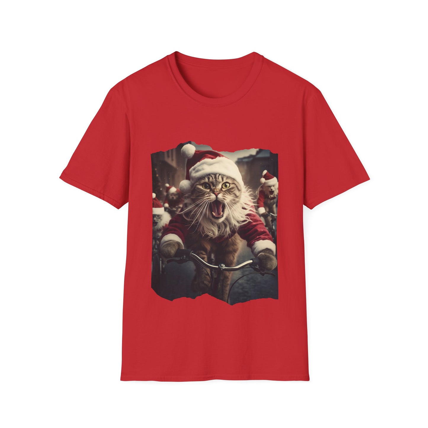 Screaming Cats on Bikes Holiday Christmas Cat Shirt, Cat Lover's Graphic Tee Graphic Unisex T- Shirt, T-Shirt Cat Lovers Gift  Softstyle T-Shirt Tee  Christmas JumperTeeshirt Stylized Cat