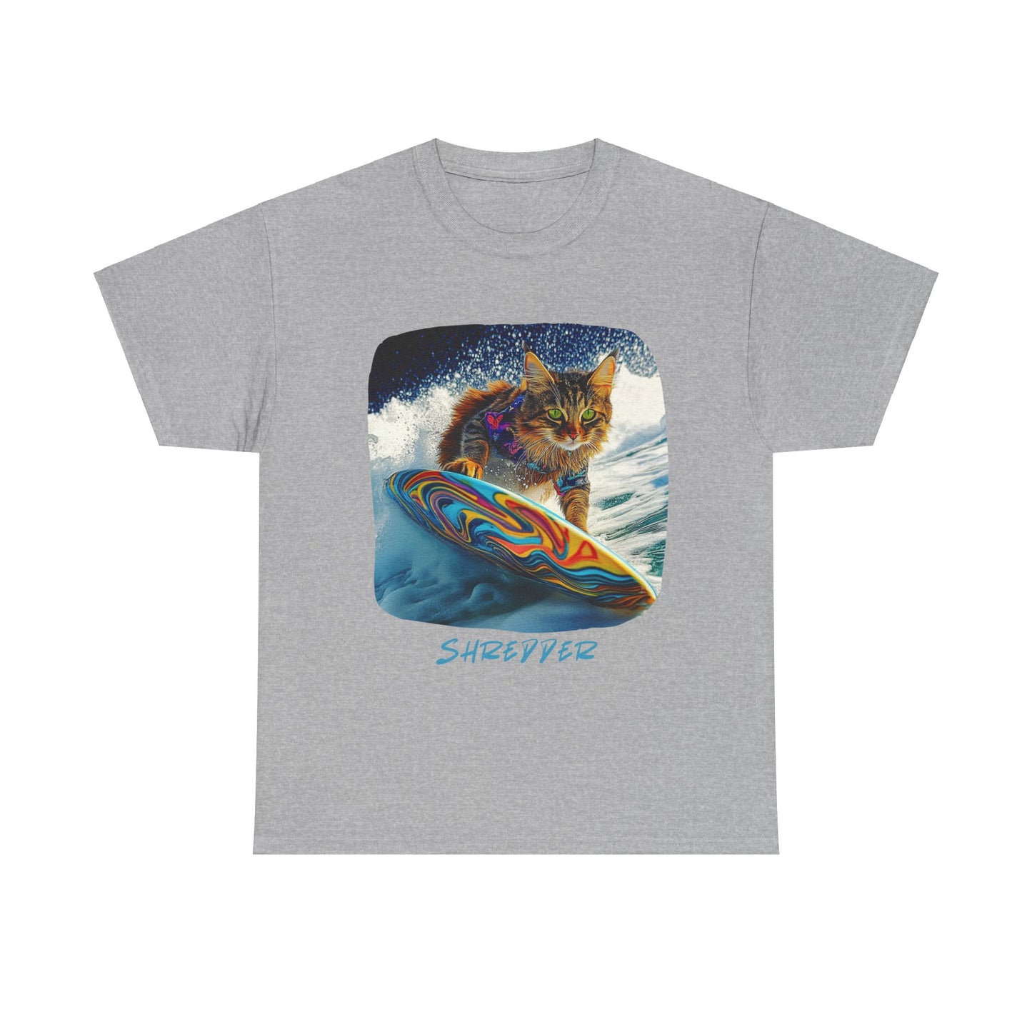 Shredder Surfer Cat, "Shredder" T-shirt, Cat on Surfboard Graphic Tee- Water Sports Cat (V1)  Cat Art Gift   -  Cool Cats Unisex Heavy Cotton Tee T-Shirt