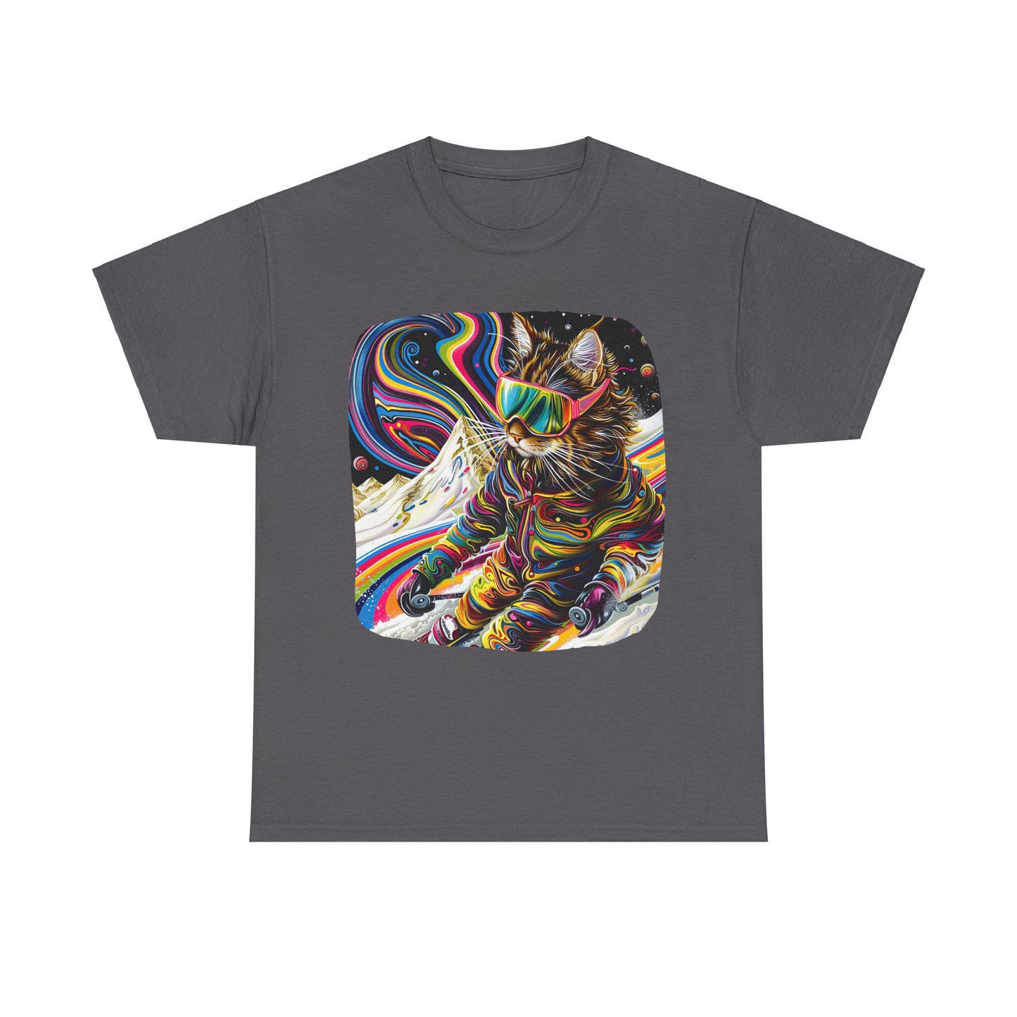 Ski Cat, Winter Sports Cat Shirt, Art Gift   -  Cool Cats Unisex Heavy Cotton Tee T-Shirt