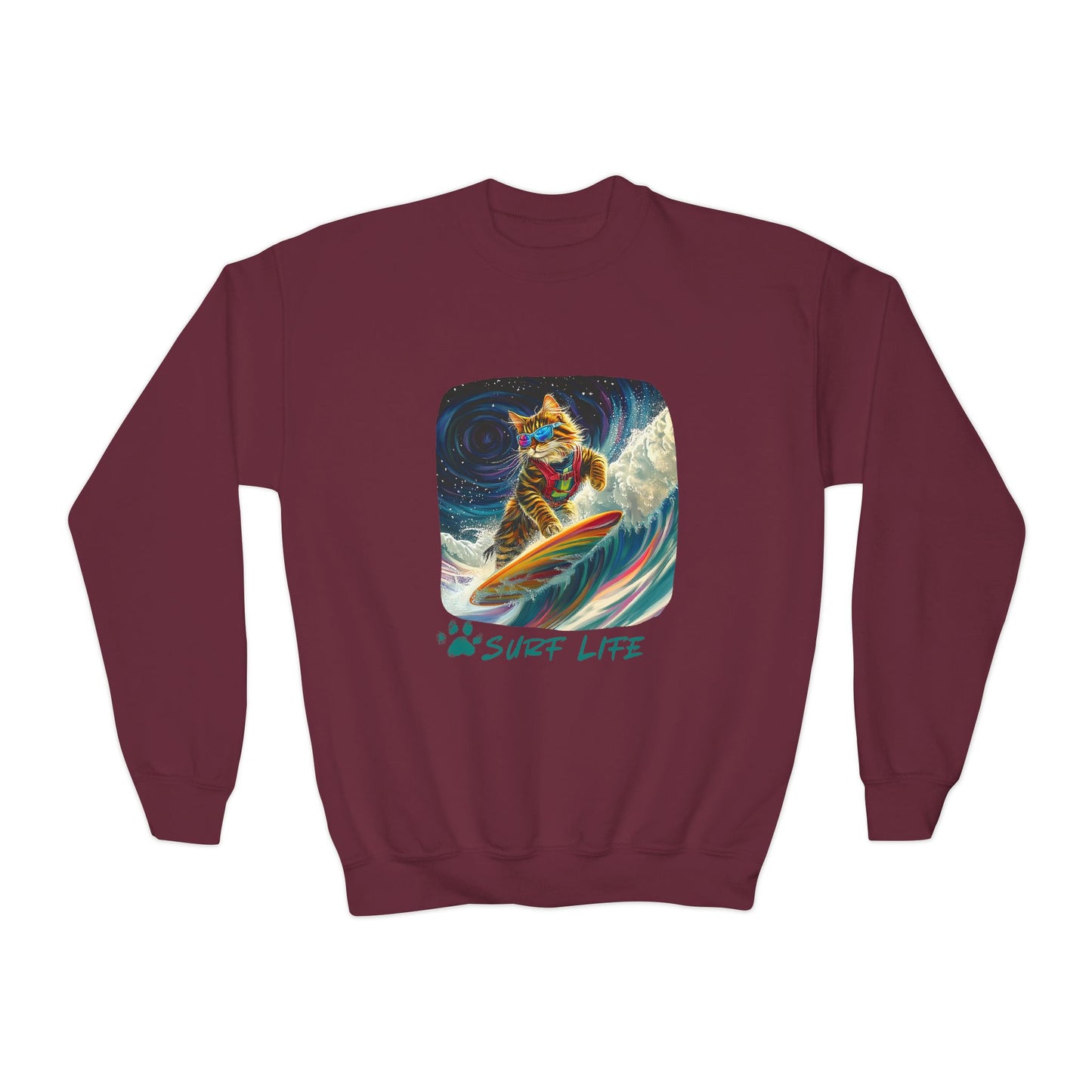 Surf Life Surfer Cat for Kids Sweatshirt - Kitty  Cat Shredding the Weves-Youth Crewneck Sweatshirt -Christmas Cat Gift