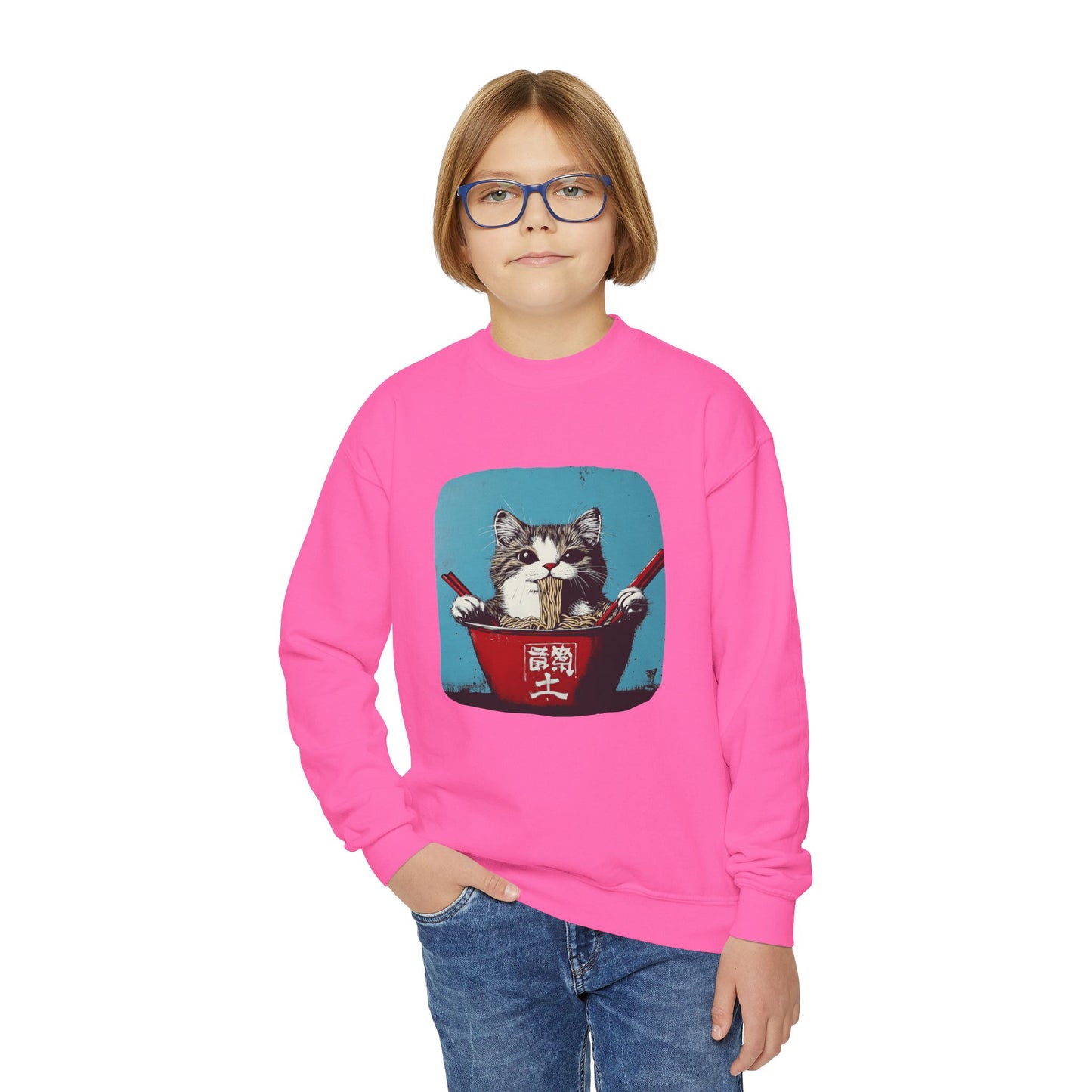 Ramen Bowl Cats for Kids Sweatshirt - Hungry Noodle Kitty  Cat Youth Crewneck Sweatshirt -Christmas Cat Gift