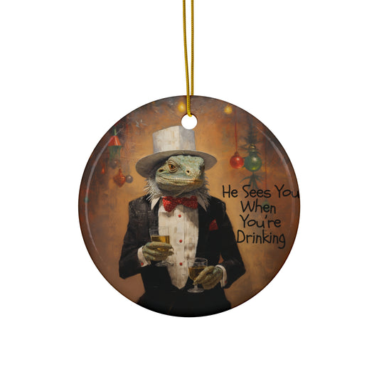 Lizard Iguana Art Gift, Reptile Lover Gift Christmas New Years Drinking Gift, Happy Hour Cocktails Ceramic Ornament- He Sees You Drinking