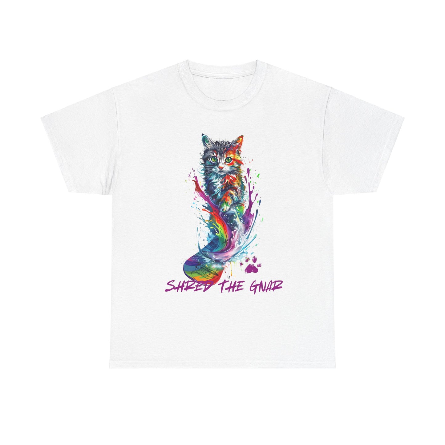 Shred the Gnar Snowboard Cat Graphic Tee, Winter Cat Art Gift   -  Cool Cats Unisex Heavy Cotton Tee T-Shirt