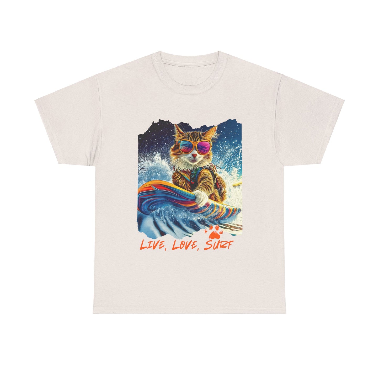 Live, Love Surf - Surfer Cat Graphic Tee, Cat on Surfboard  reads "Live, Love Surf"  Surf Life Cat ,Art Gift   -  Cool Cats Unisex Heavy Cotton Tee T-Shirt