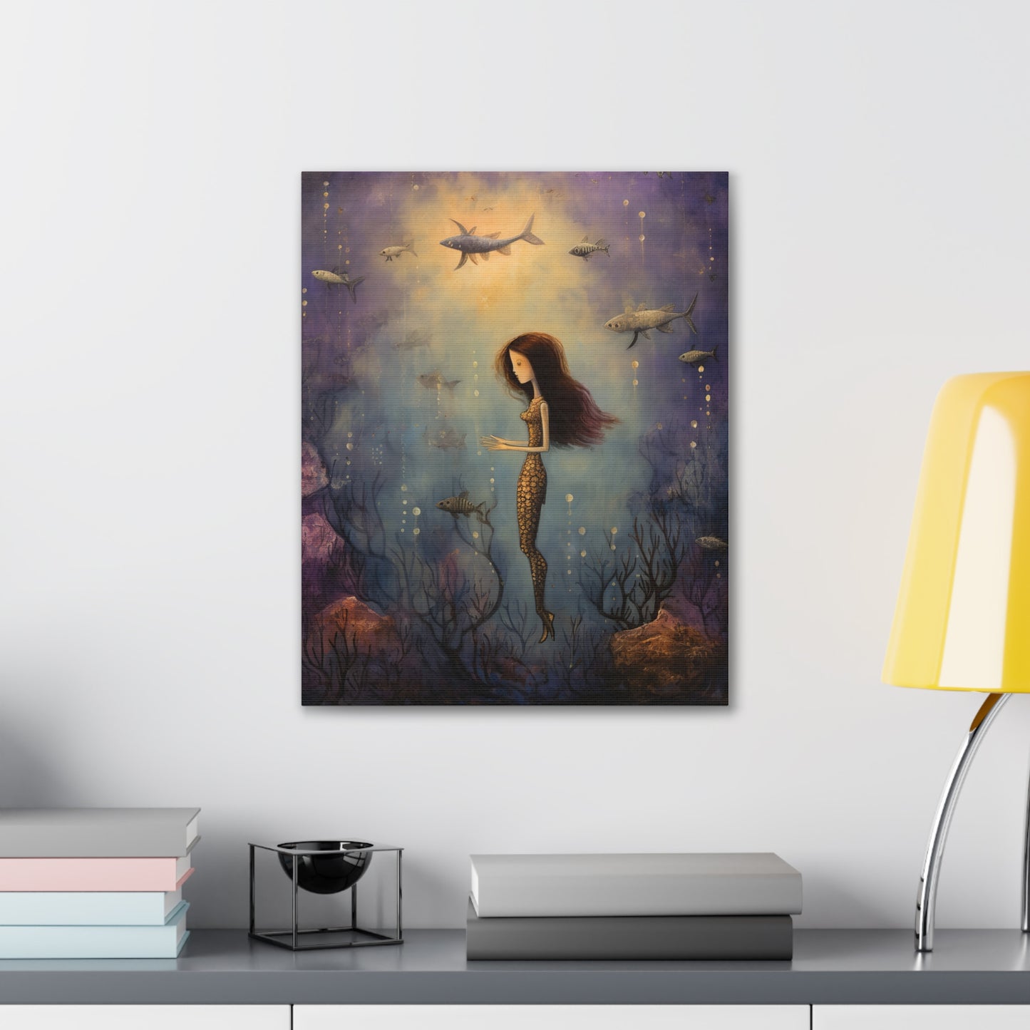 Purple Mermaid Underwater Scene, Mermaid Gift, Kids, Fantasy Mystical Fish Wall Art, Canvas, Flower Gift, Wall Art Painting Pastel