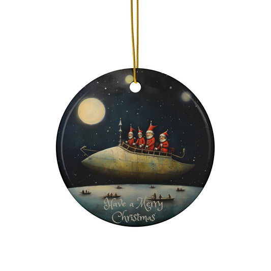 Santa's UFO Spaceship Ceramic Christmas Tree Ornament, Gift, Zeppelin Airship Flying Over the North Seas