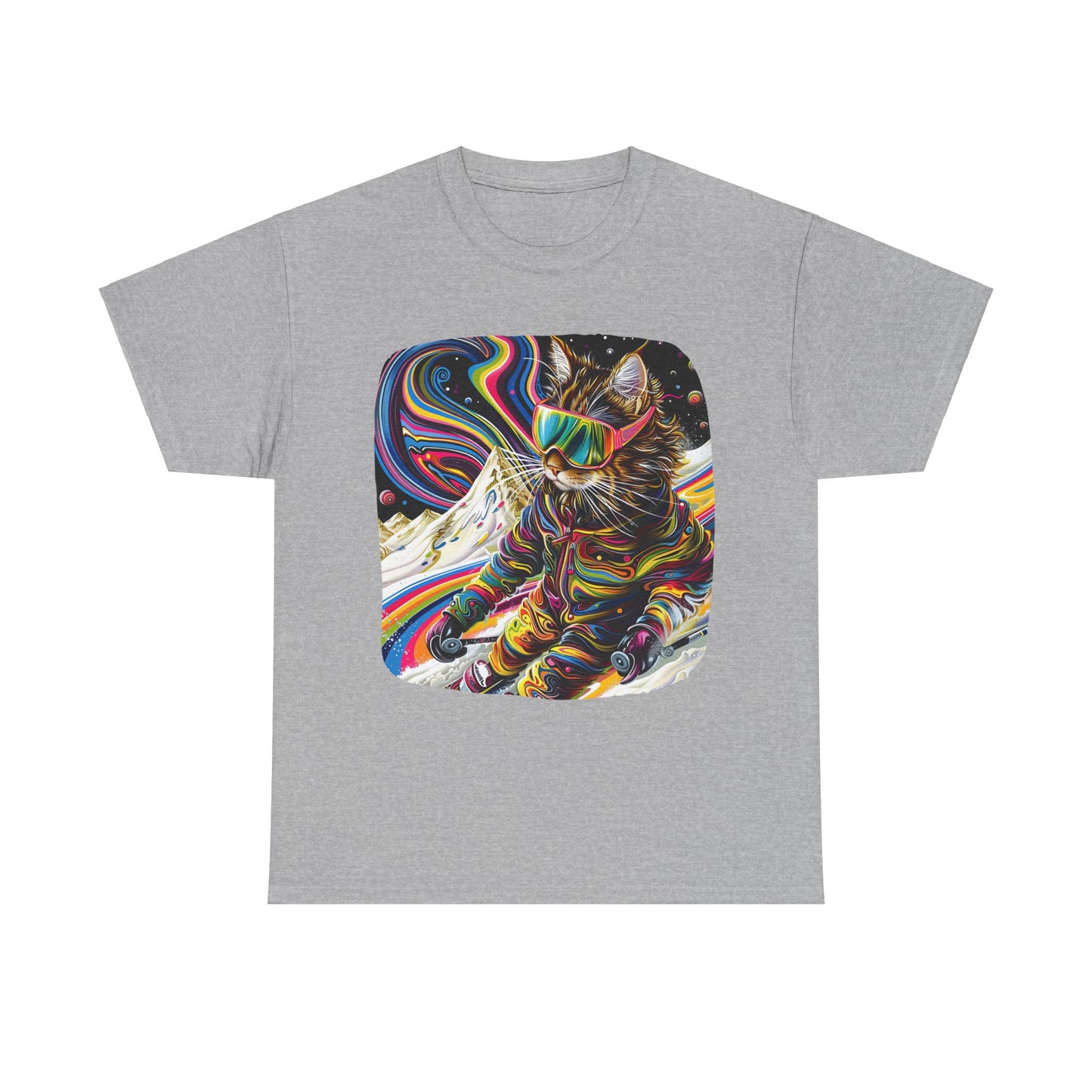 Ski Cat, Winter Sports Cat Shirt, Art Gift   -  Cool Cats Unisex Heavy Cotton Tee T-Shirt