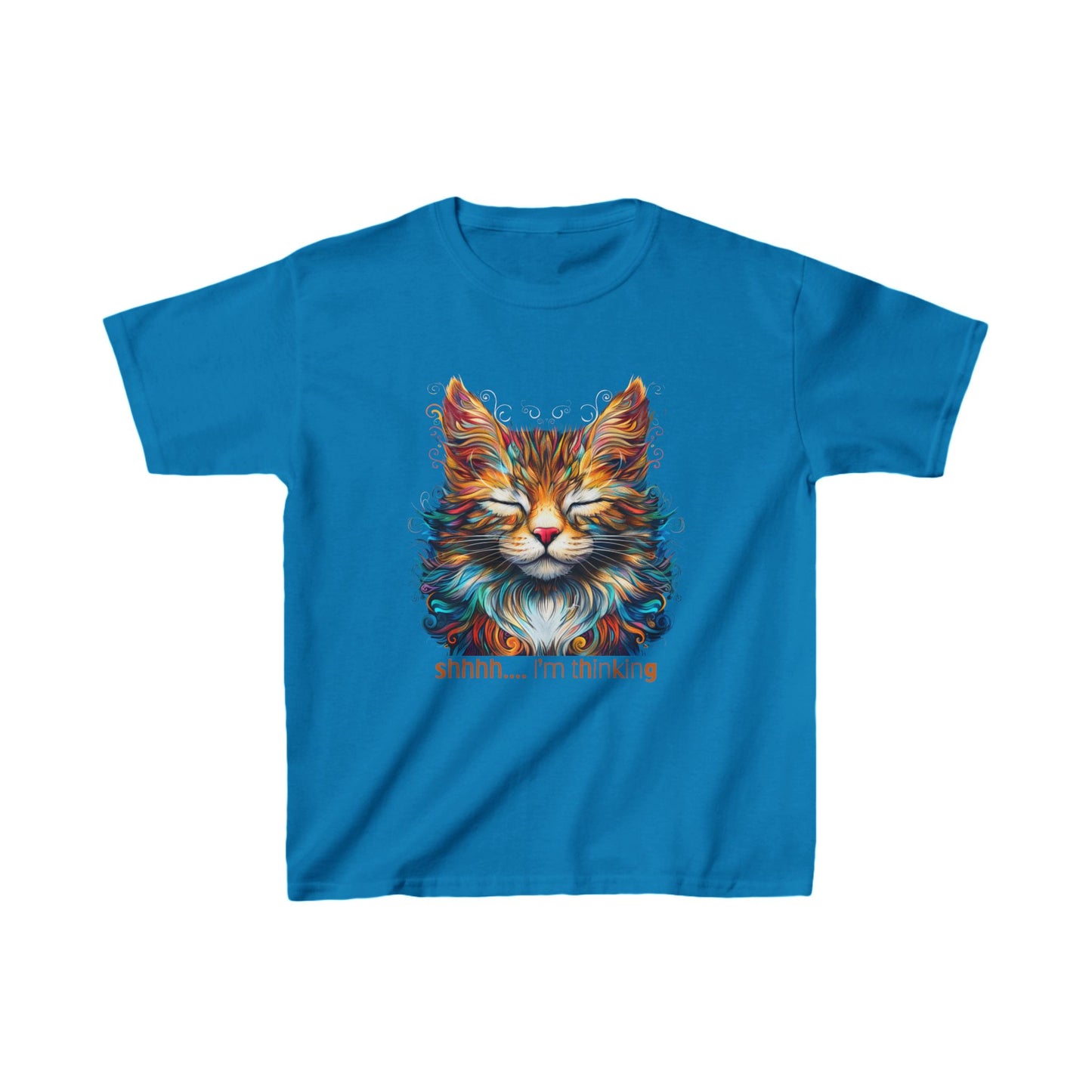 Kids - Thinking Cat Graphic Tee - Vibrant Cute Cat Design for Young Adventurers