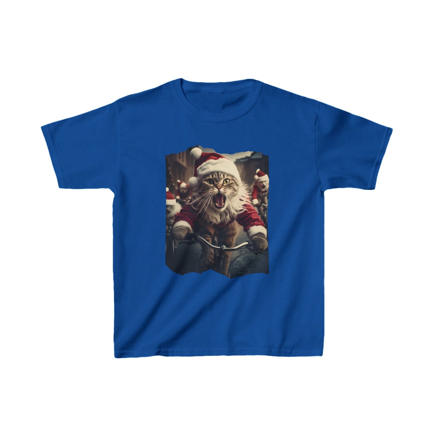 Screaming Cats on Bikes, Kids Cat Graphic Tee - Vibrant Santa Cat Design for Young Adventurers