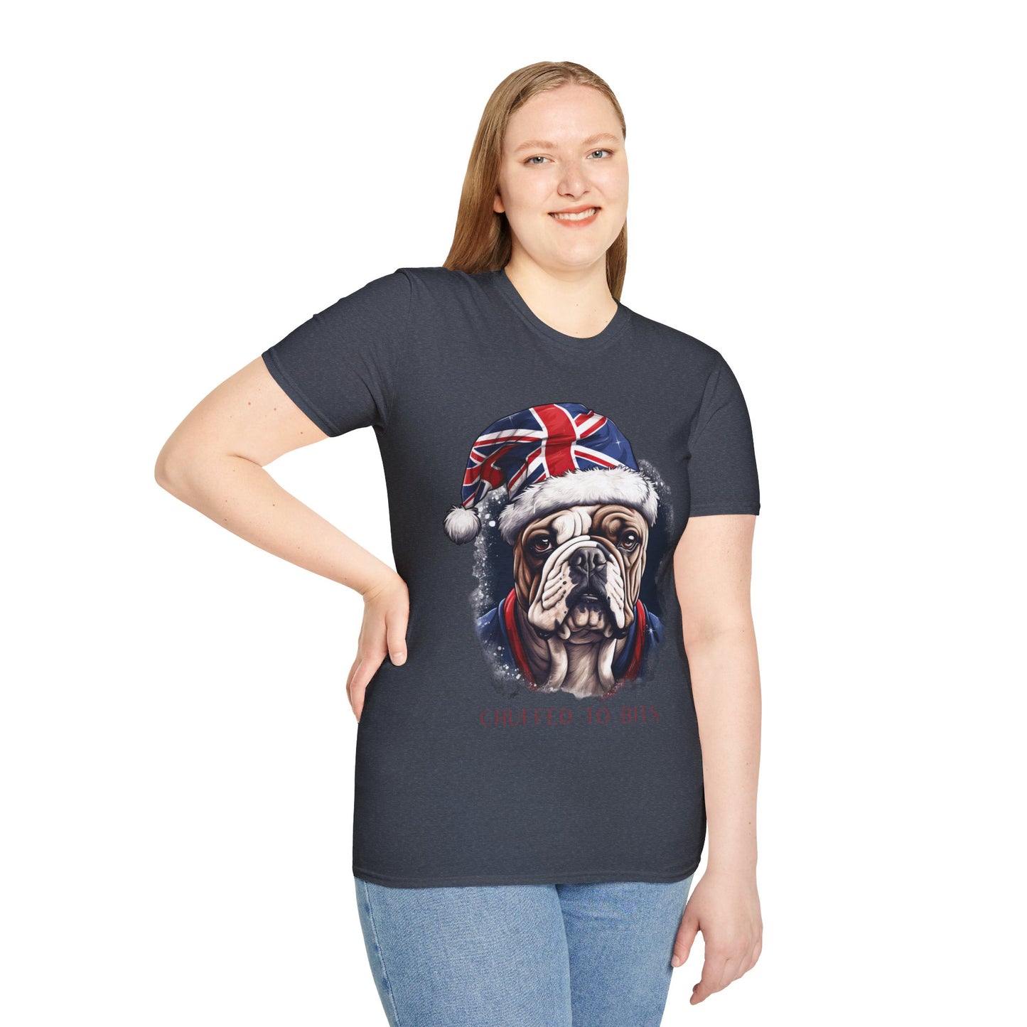 English Bulldog, Chuffed To Bits T-Shirt, British Union Jack, Mens Womans Unisex Shirt Softstyle T-Shirt Teeshirt Anglophile