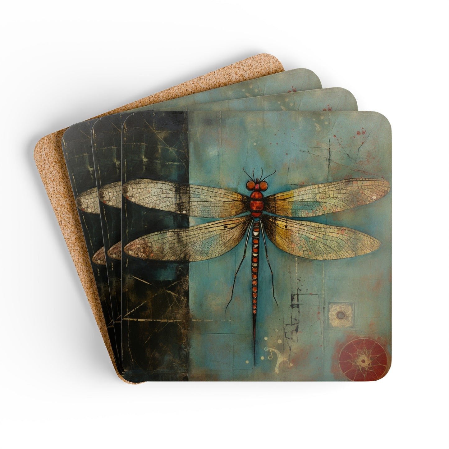 Folk Art Dragonfly, Home Decor Gift ,Dragonfly Corkwood Coaster Set