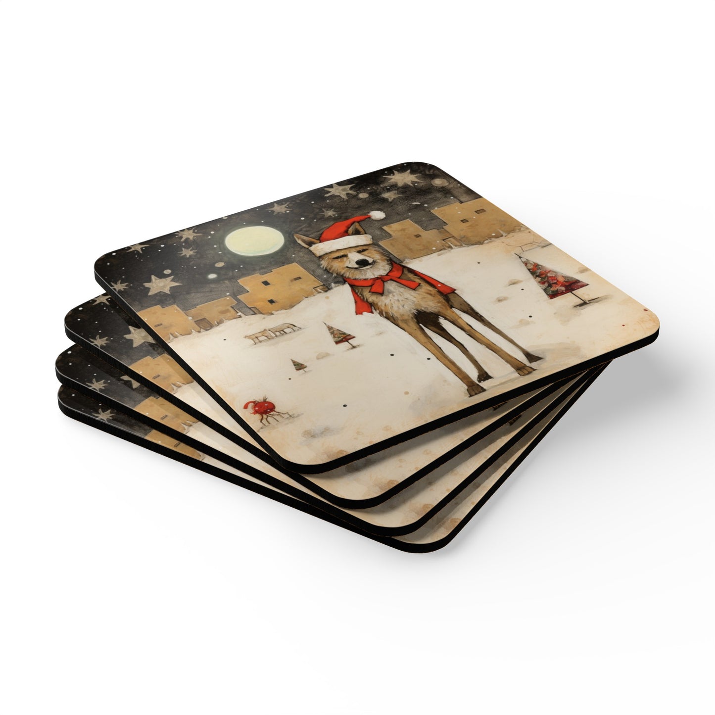 Christmas Hat Coyote, Santa Fe Christmas Adobe Houses, Snowy Christmas in New Mexico, Arizona, Home Decor, Holiday, Corkwood Coaster Set