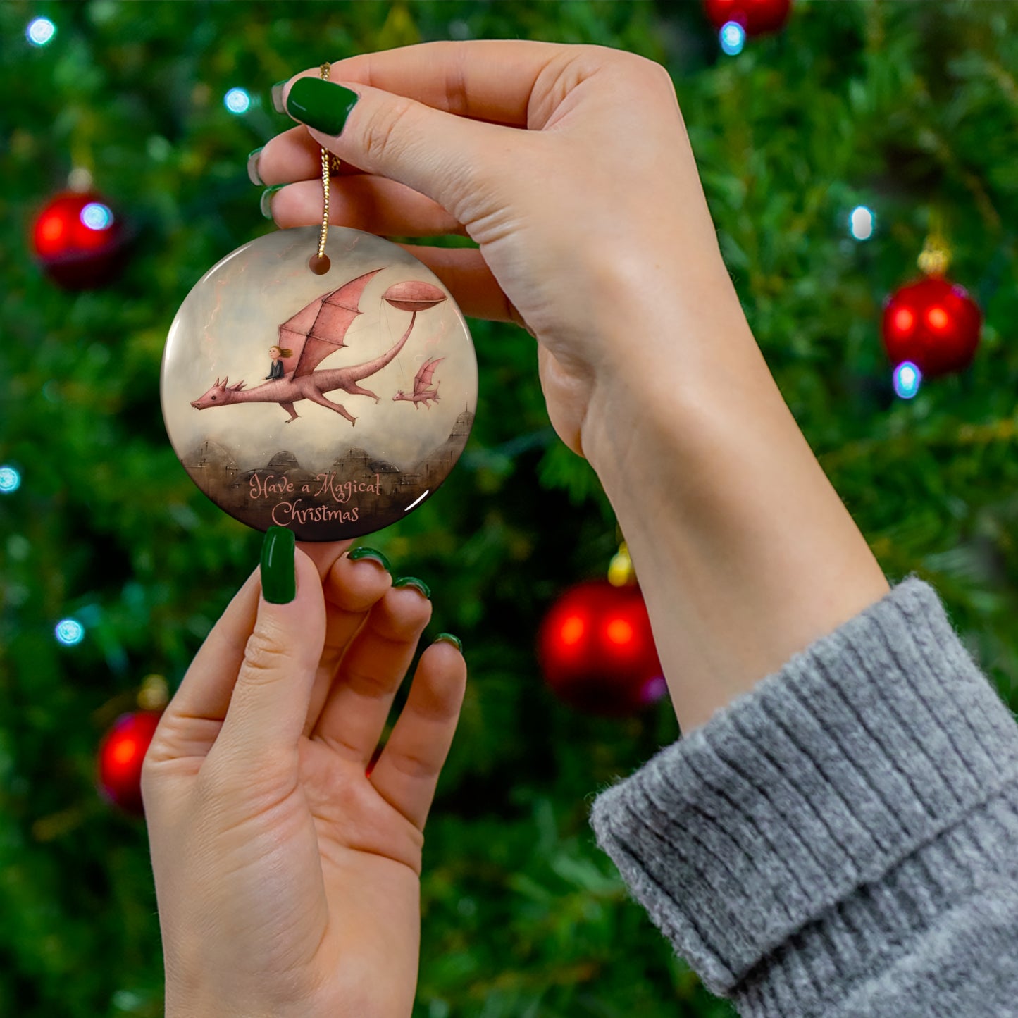 Pink Flying Dragon Dinosaur- Christmas Dragon Ceramic Christmas Ornament -  Magical Dragon Dinosaur Kids Ornament Gift