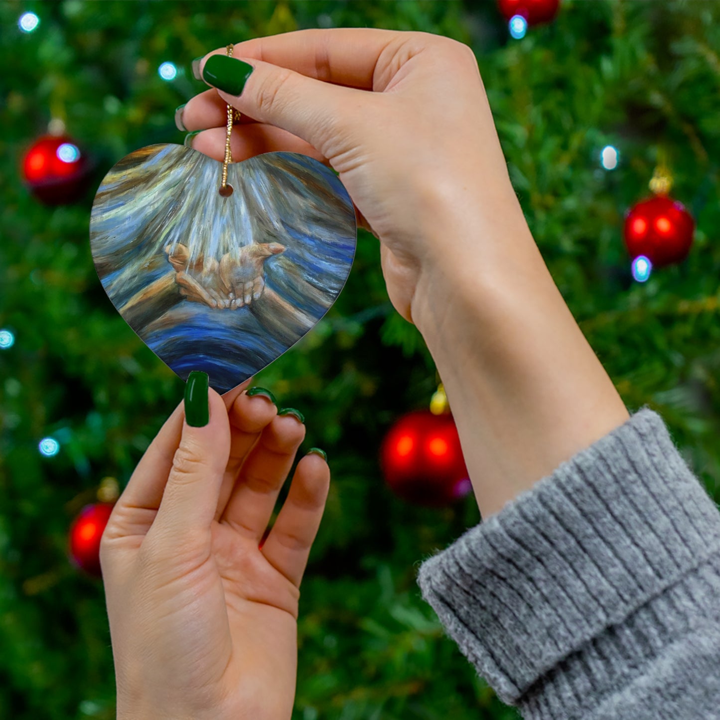 Hands of Grace, Hands of Light, Creation, Spiritual, Religious Christmas Gift, Printed Ceramic Christmas Tree ornament, Christian Christ