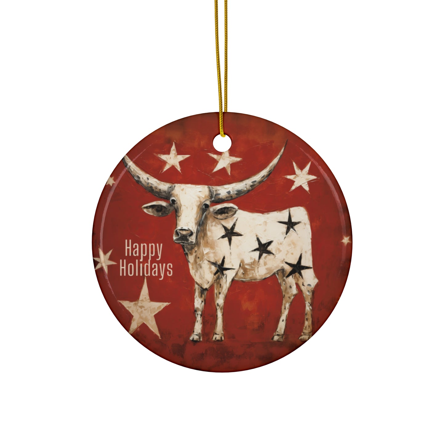 Texas Longhorn Texas Stars Christmas Greeting Ceramic Tree Ornament.  Happy Holiday Southern Greeting Gift