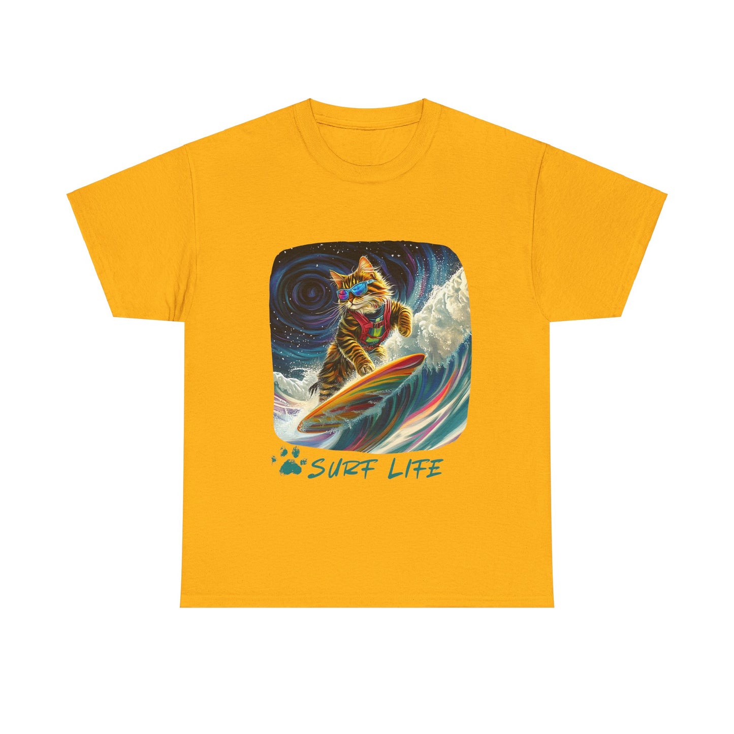 Surf LIfe - Surfer Surfing Cat Graphic Tee, Cat on Surfboard - Shirt reads "Surf Life" Cats Art Gift   -  Cool Cats Unisex Heavy Cotton Tee T-Shirt