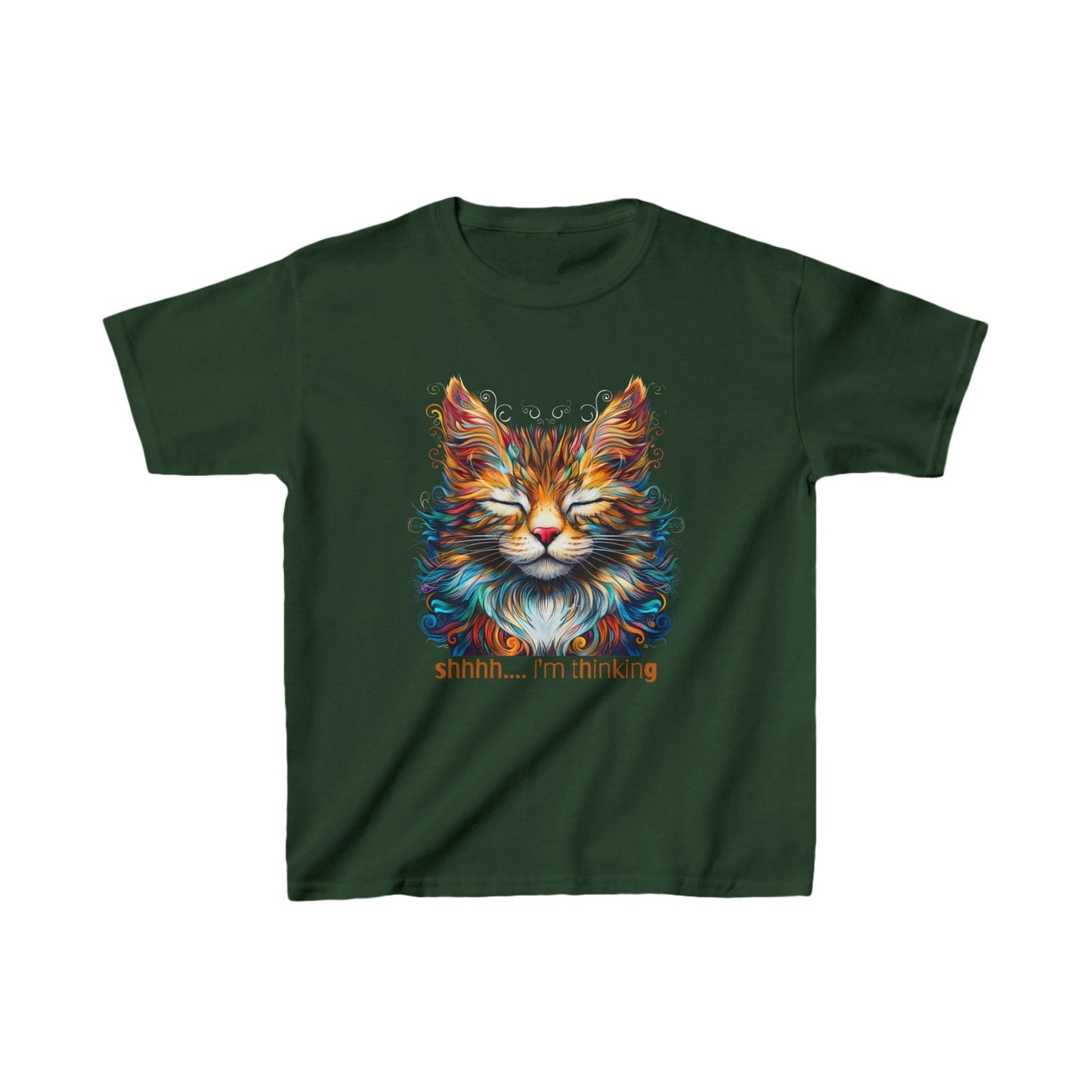 Kids - Thinking Cat Graphic Tee - Vibrant Cute Cat Design for Young Adventurers