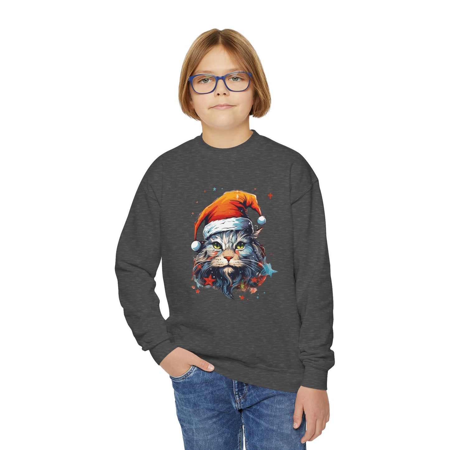 Scrappy White Cat in Santa Hat, Kids Sweatshirt - Adorable Kids Youth Crewneck Sweatshirt -Christmas Cat Lover Gift Shirt