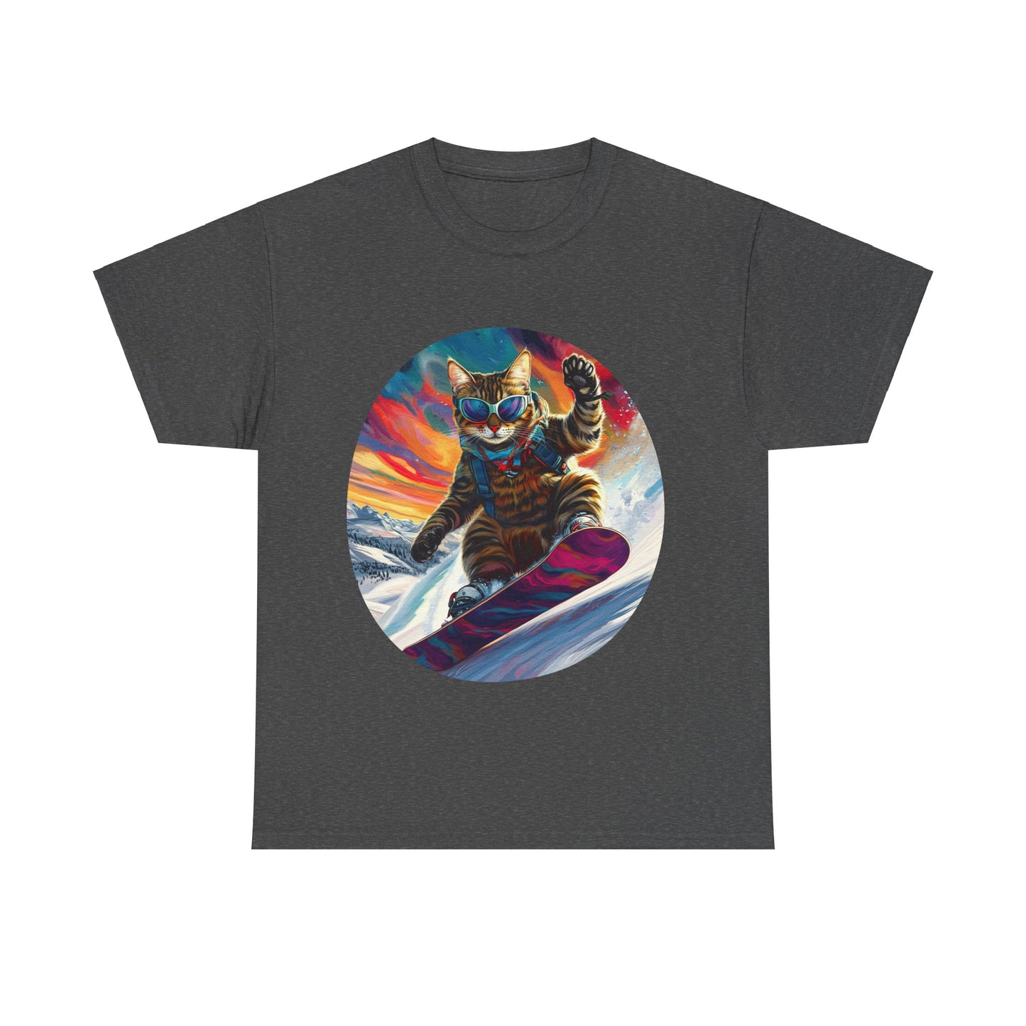 Snowboard Cat (V4) Extreme Winter Sports Ski Cat Art Gift   -  Cool Cats Unisex Heavy Cotton Tee T-Shirt