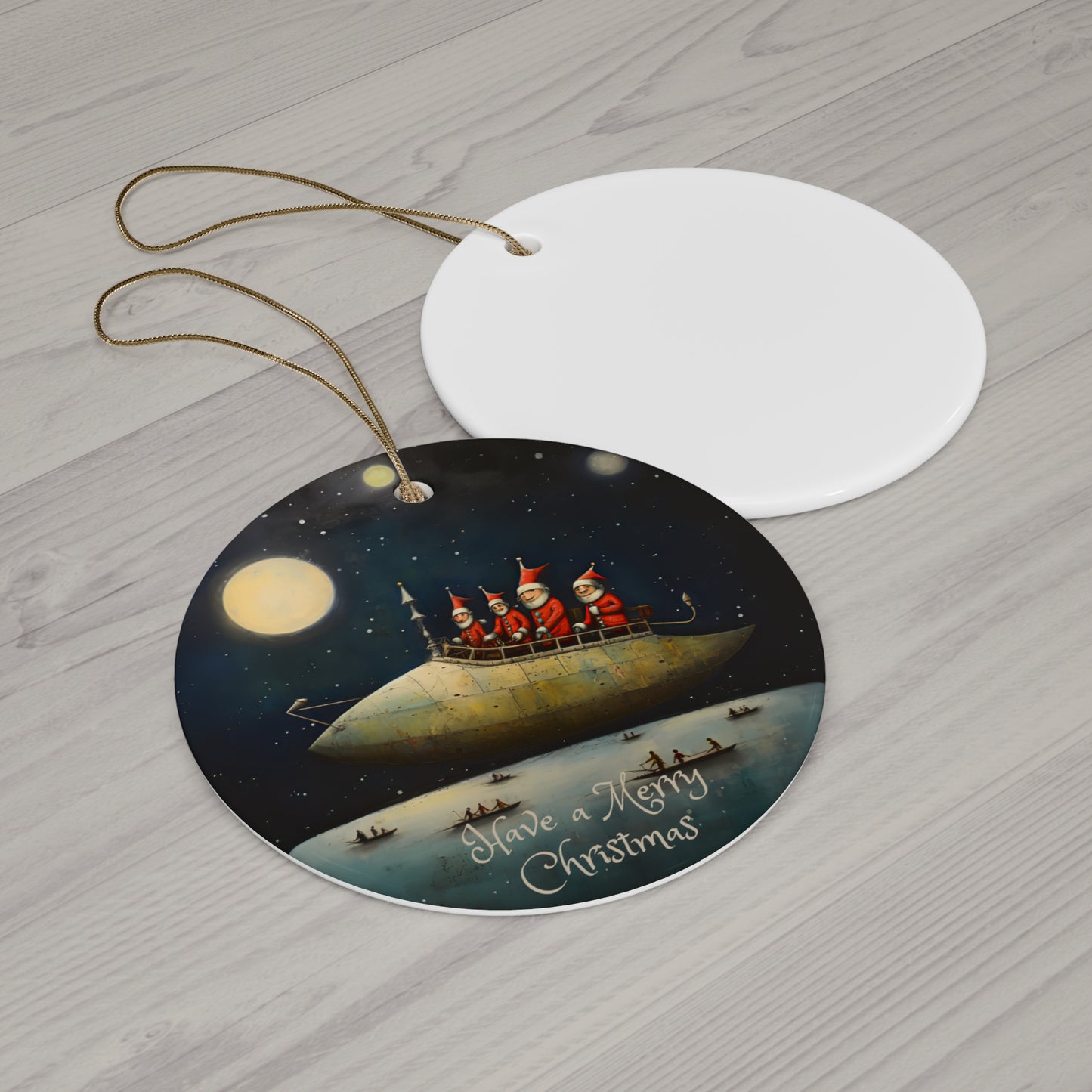 Santa's UFO Spaceship Ceramic Christmas Tree Ornament, Gift, Zeppelin Airship Flying Over the North Seas